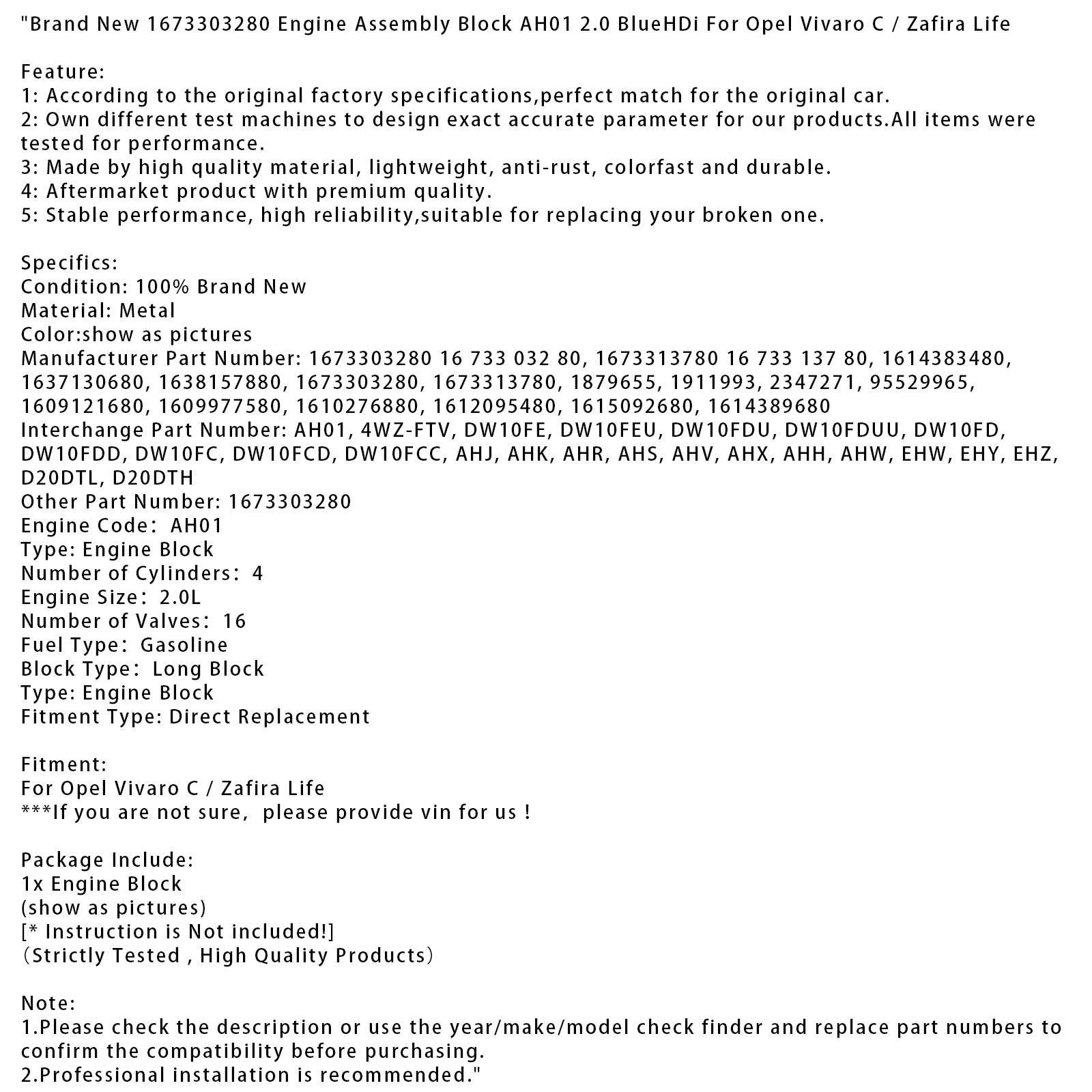 Gloednieuwe 1673303280 Motor AH01 2.0 BlueHDi Voor Opel Vivaro C/Zafira Leven