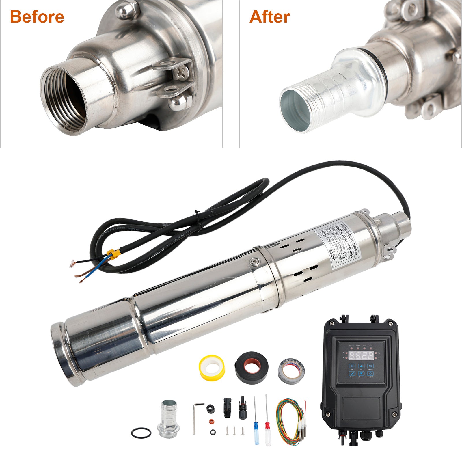 3" Bomba solar de parafuso MPPT 60V 1KW submersível para poço profundo com cabeça de aço de 160 m