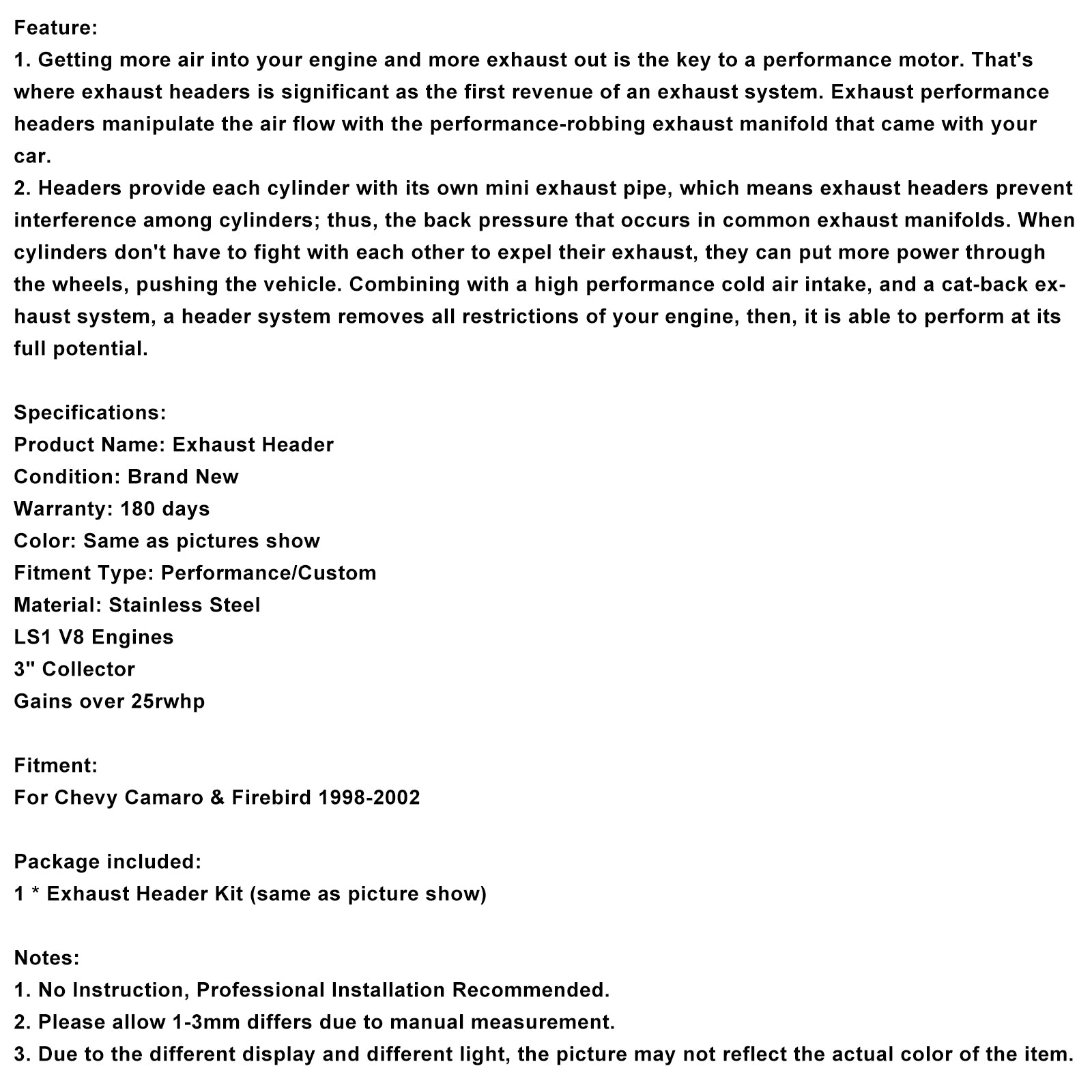 Cabeçalho do coletor de escape Faixa Chevy LS1 Camaro Race Versão F-Body 1-7/8