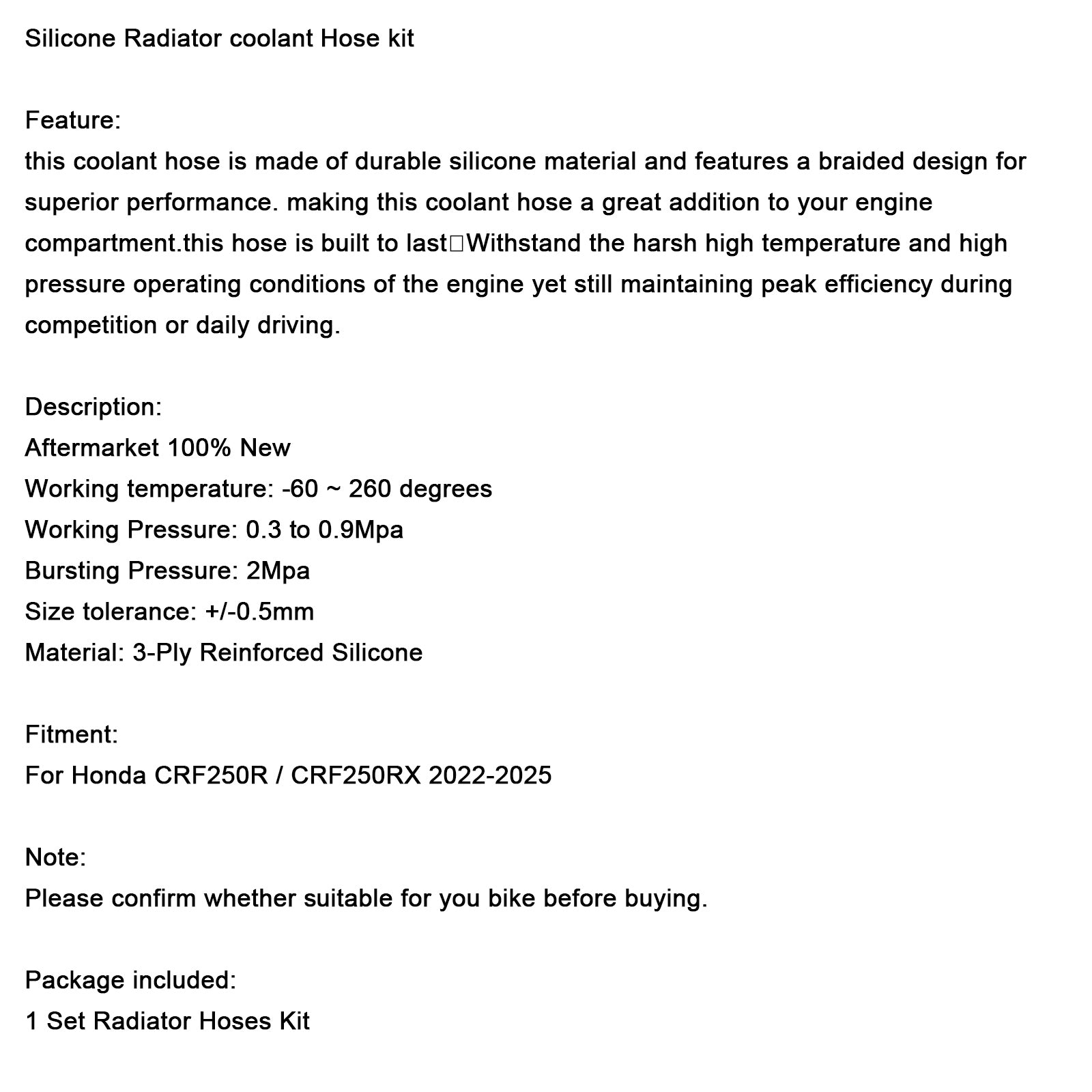 2022-2025 Honda CRF250R CRF250RX Silicone Radiator coolant Hose
