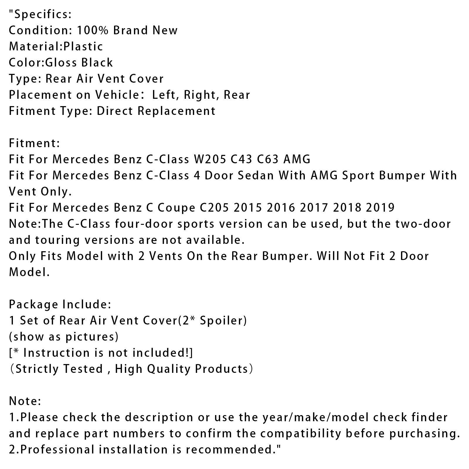 Cache de ventilation arrière noir brillant pour Benz Classe C W205 C43 C63 2014-2019