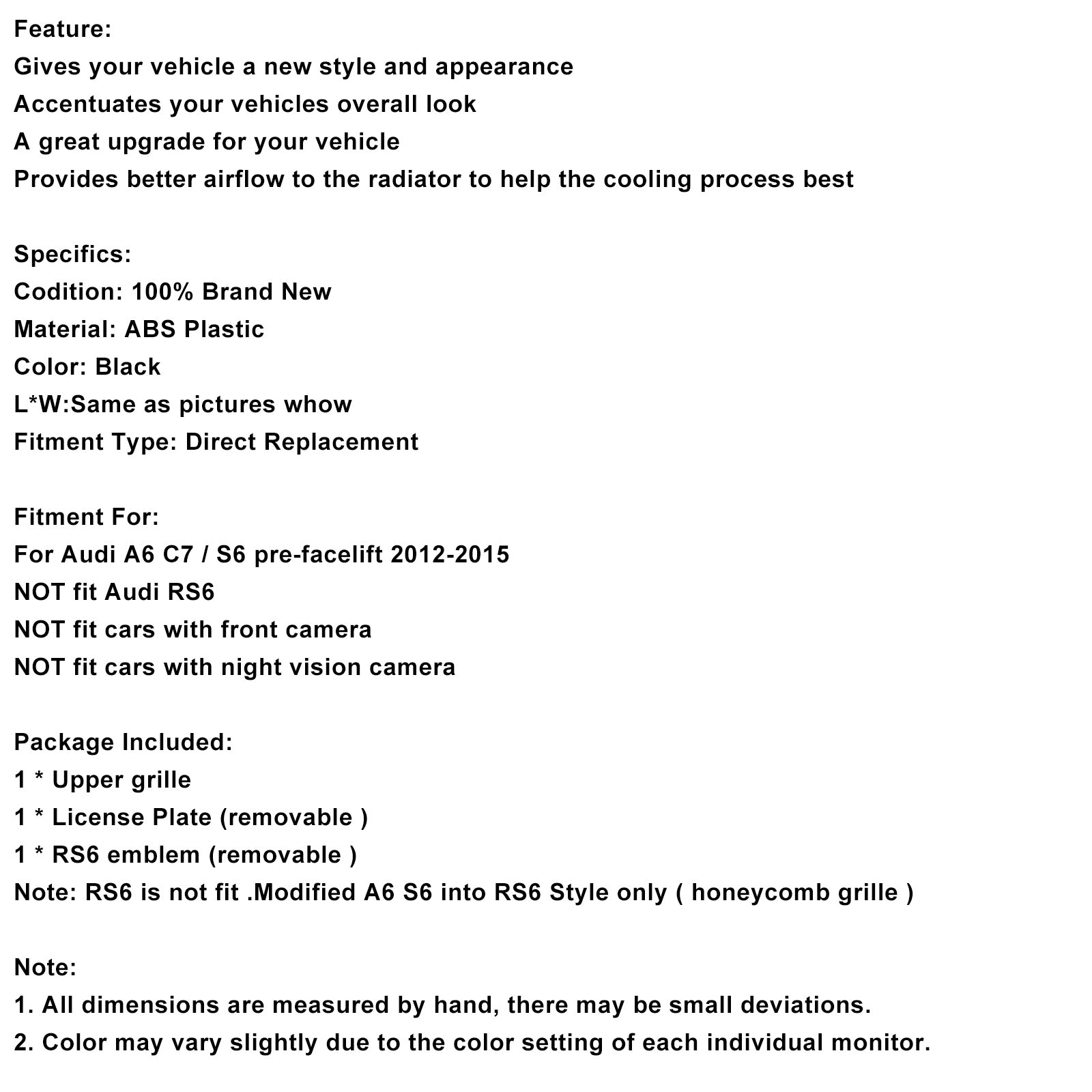 Rejilla frontal tipo panal estilo RS6, compatible con Audi A6 S6 C7 2012-2015