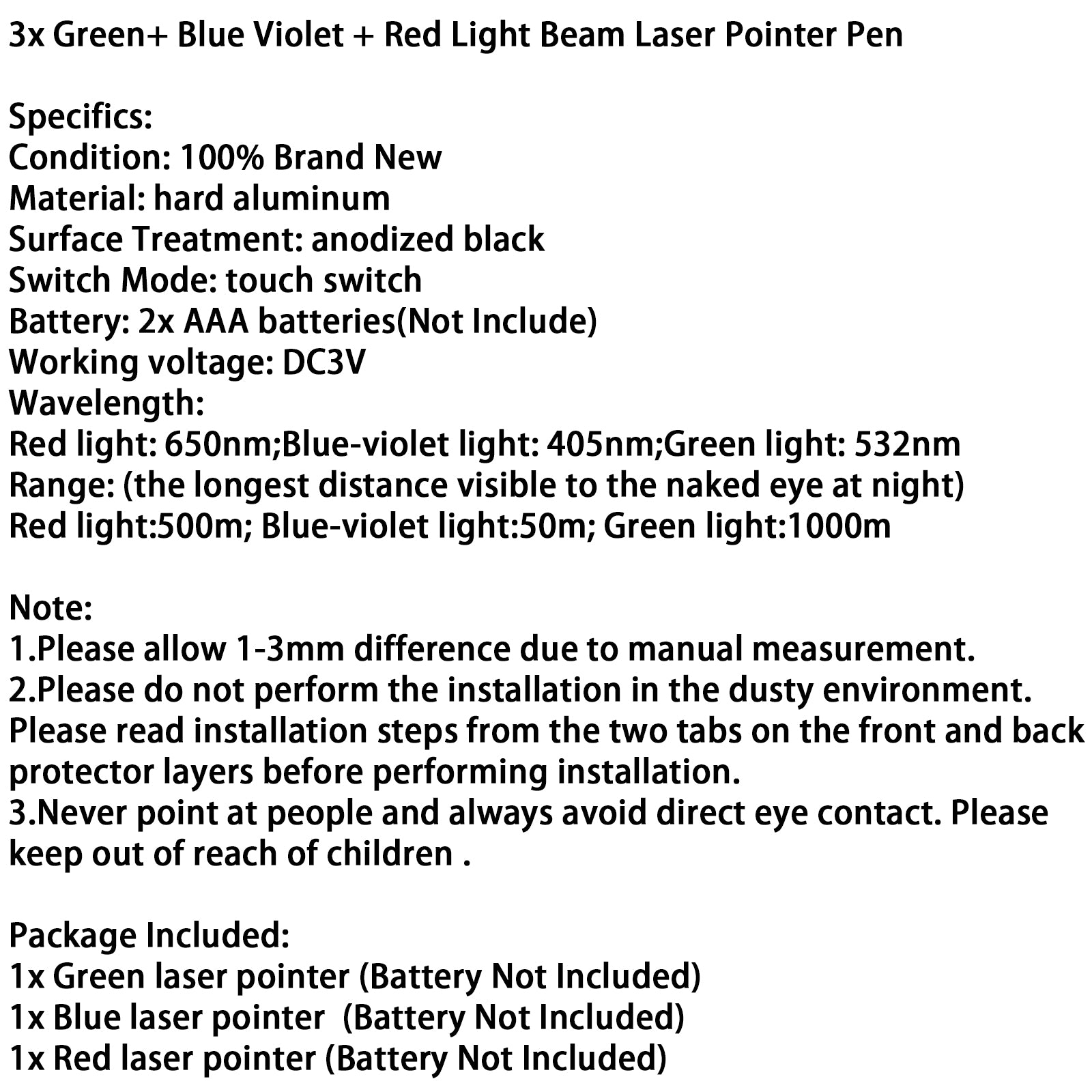 1MW 3PCS Pointeur laser stylo rouge + vert + Pointeur laser bleu/violet