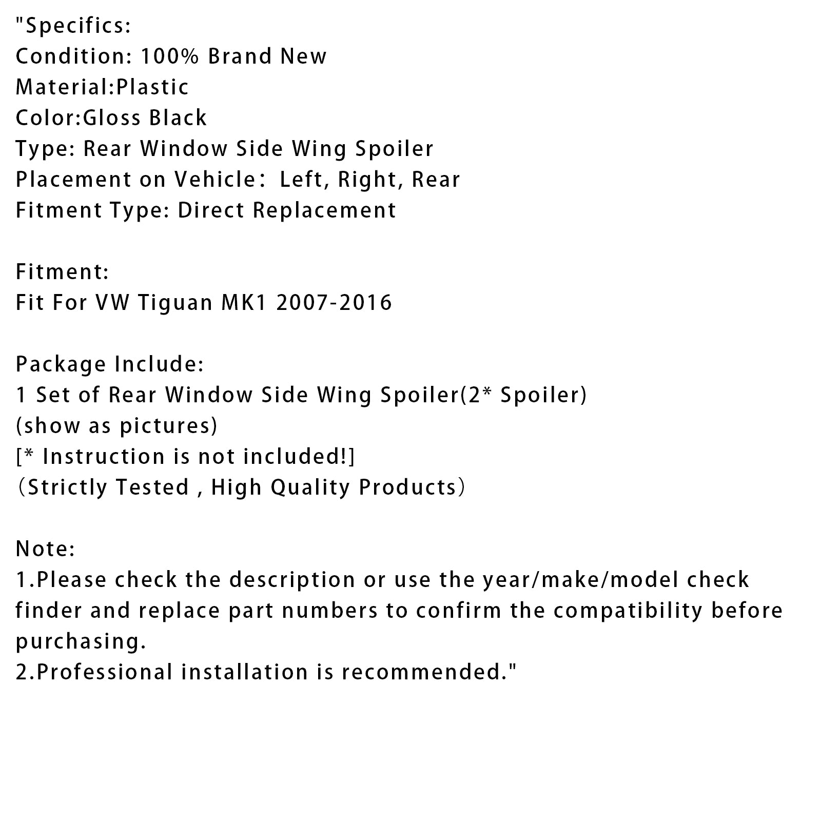 2007-2016 VW Tiguan MK1 Glanzend zwart paar achterruitvleugelspoiler