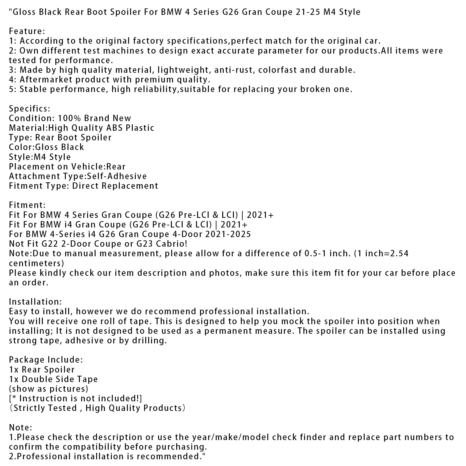 Gloss Black Rear Boot Spoiler For BMW 4 Series G26 Gran Coupe 21-25 M4 Style