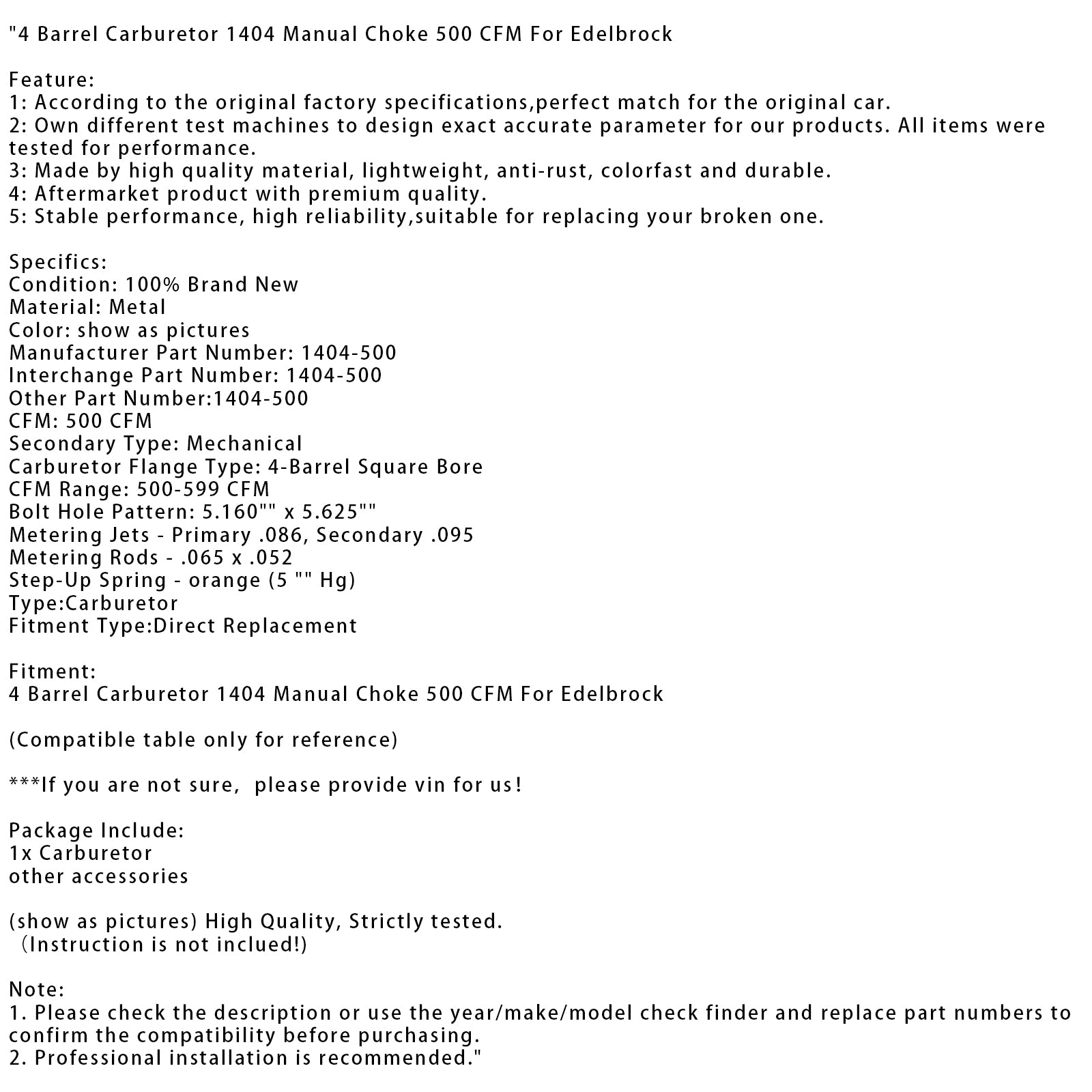 EDELBROCK 4 Barrel Carburetor 1404 Manuál 500 CFM