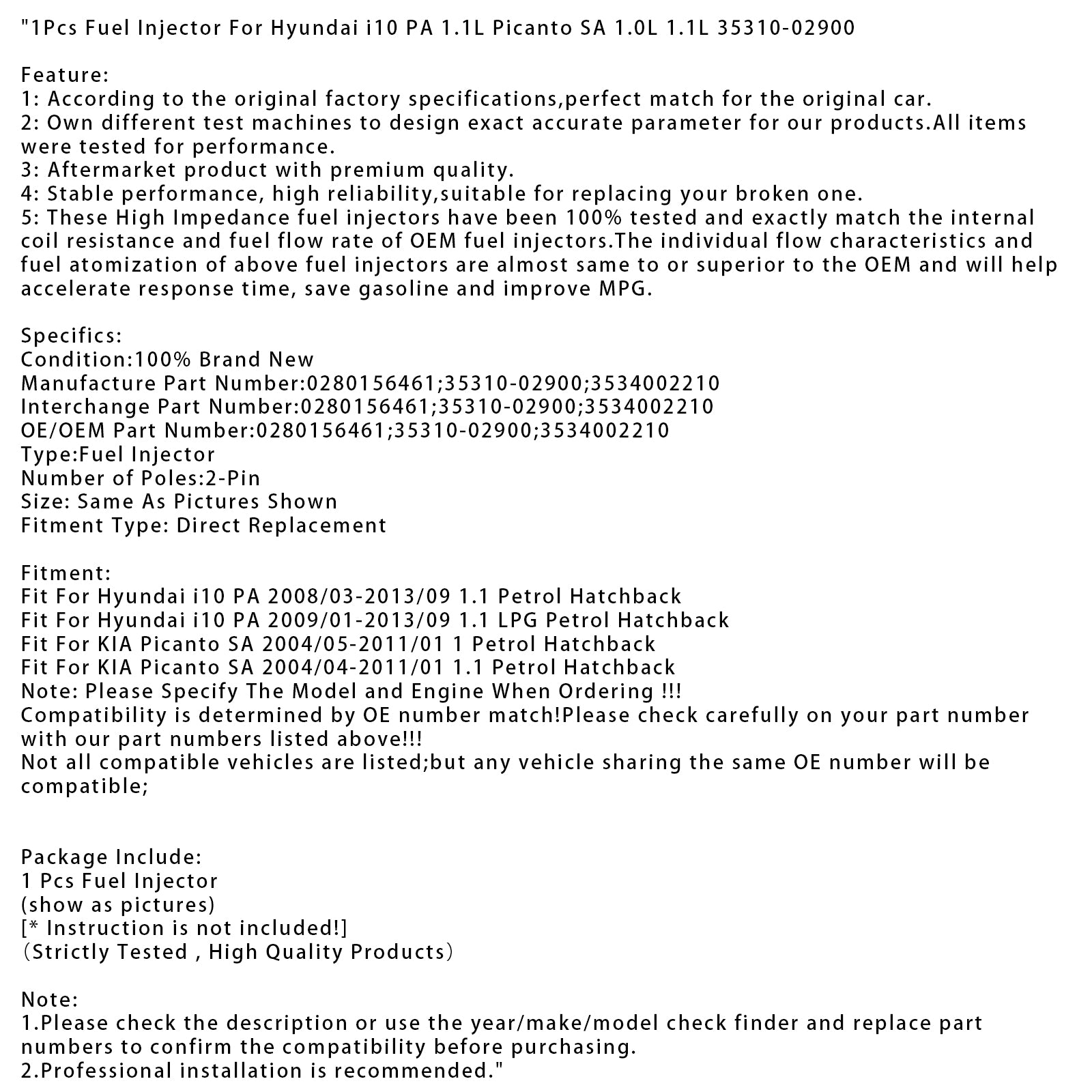 1Pcs Fuel Injector For Hyundai i10 PA 1.1L Picanto SA 1.0L 1.1L 35310-02900