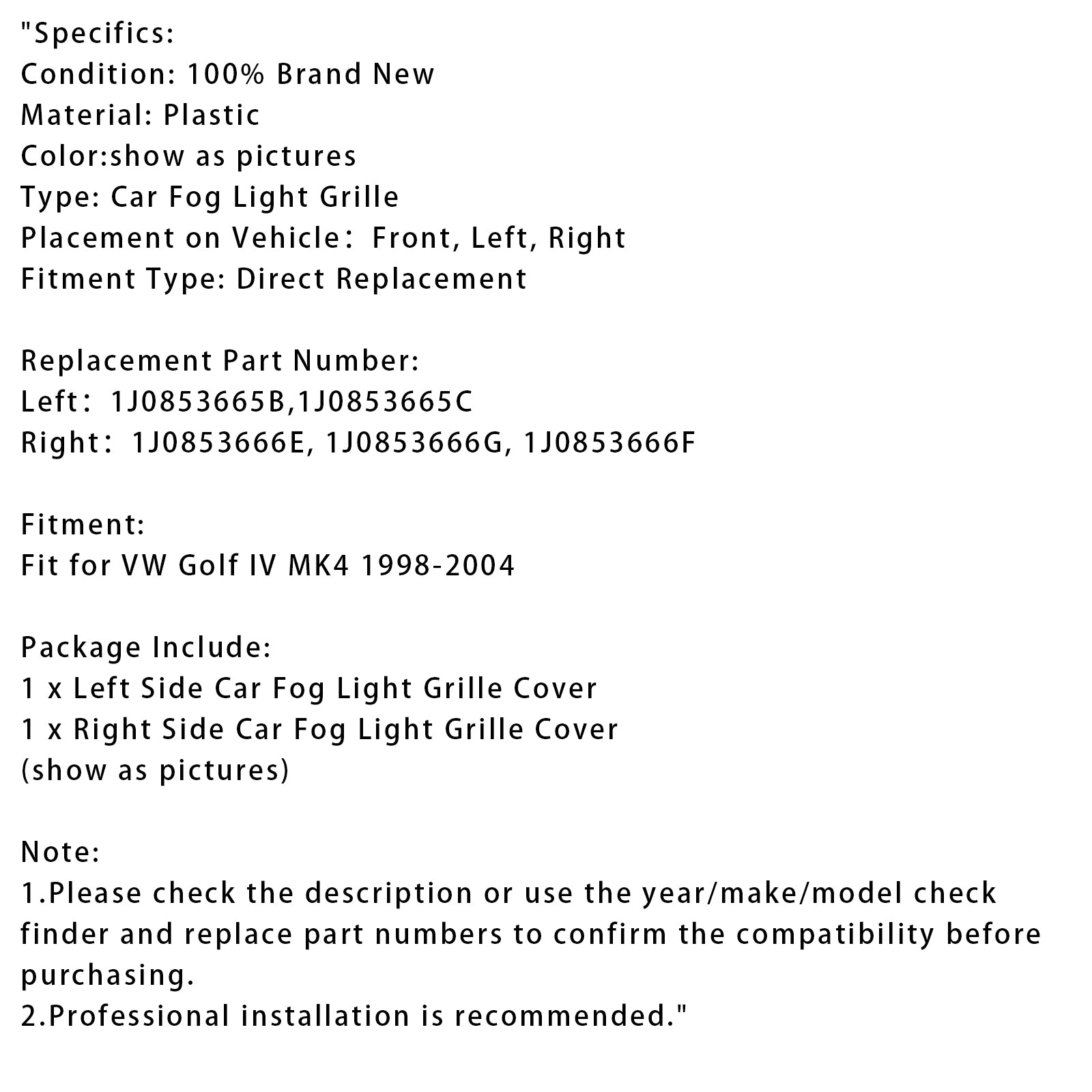1998-2004 VW Golf IV MK4 1 paar voorbumper mistlamp grill cover bezel 1J0853665B 1J0853666E