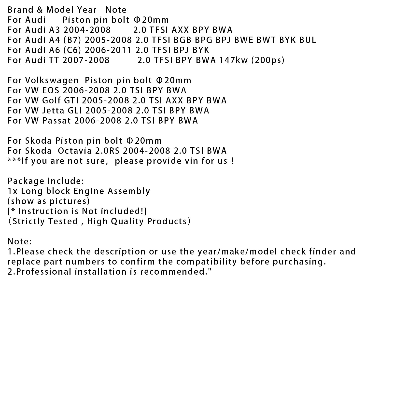 New EA113 Engine Block Assembly Motor For Audi A3 A4 A6 TT VW EOS 2.0L Gas Turbo