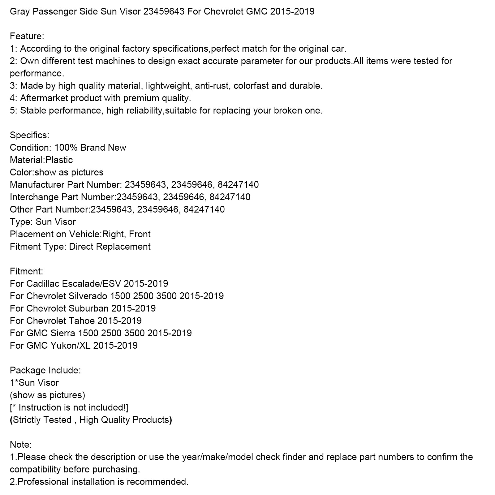 Visor de soleil du côté droit gris 23459643 pour Chevrolet GMC 2014-2019