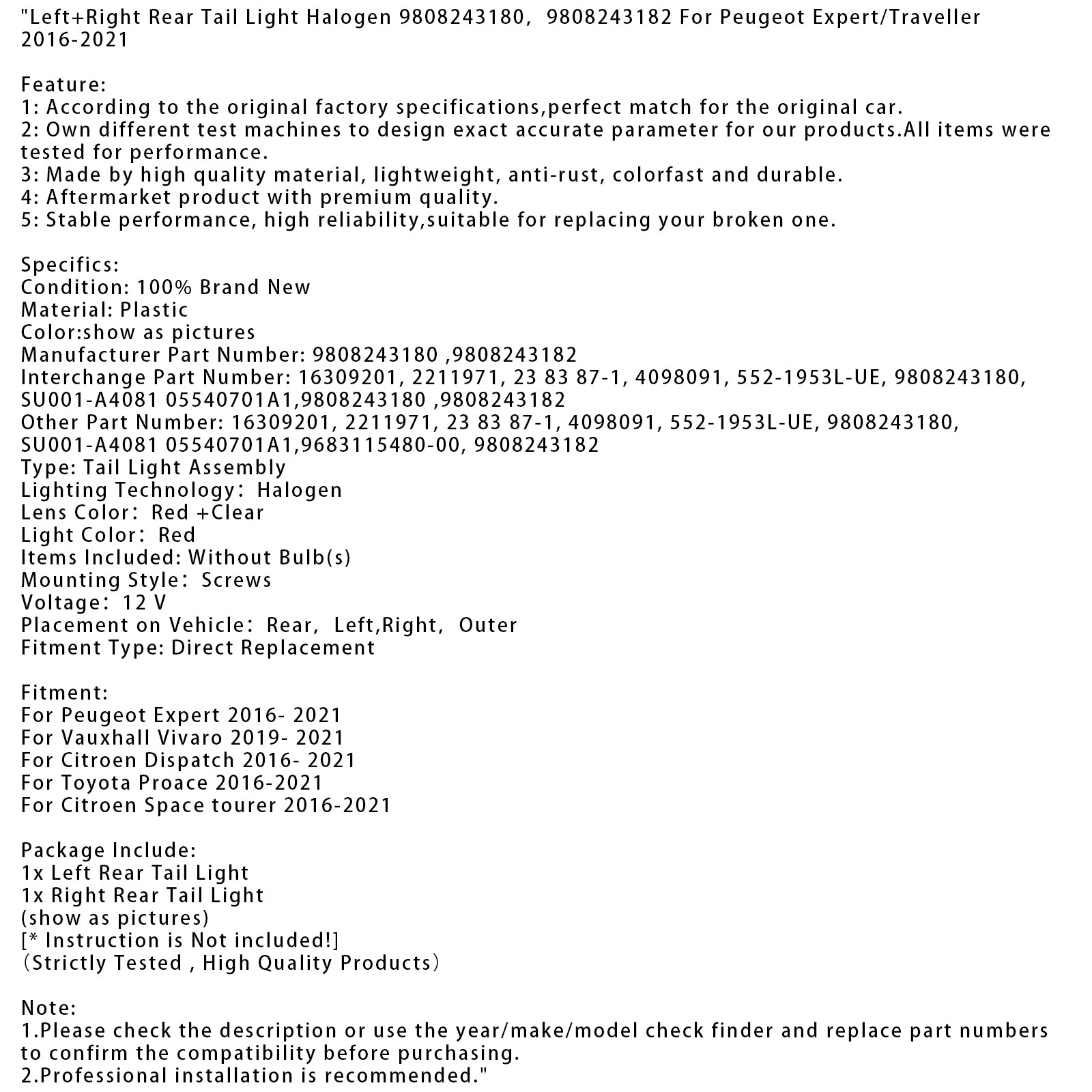 Left+Right Rear Tail Light Halogen 9808243180 For Peugeot Expert/Traveller 16-21