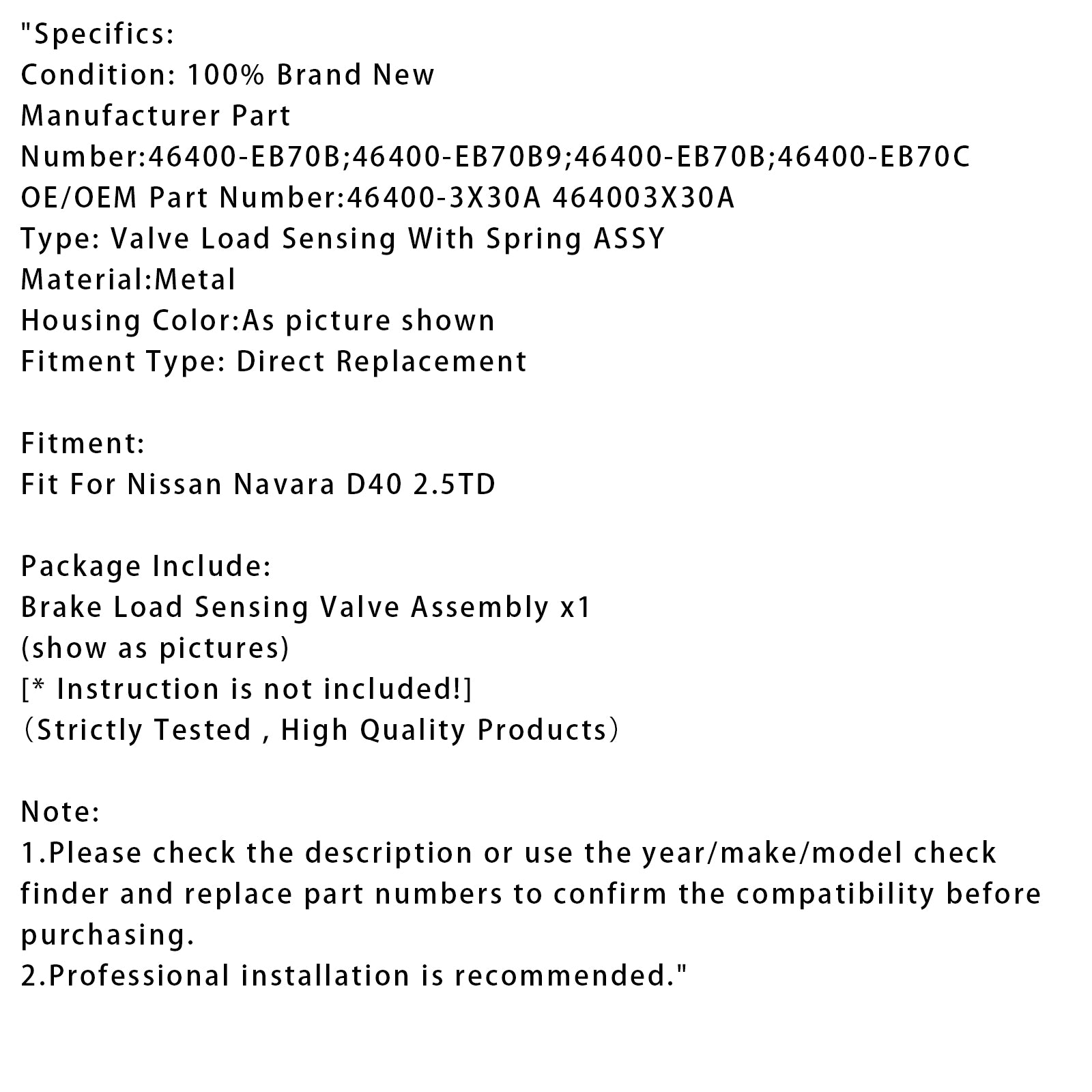 Válvula de detecção de carga de freio com mola para Nissan Navara 46400-EB70B