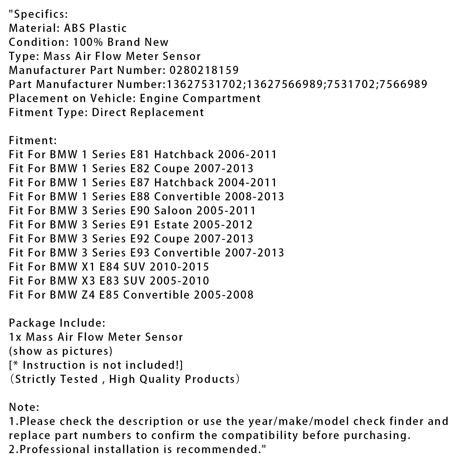Mass Air Flow Meter Sensor For BMW E82 E87 E90 E91 E92 04-12 0280218159