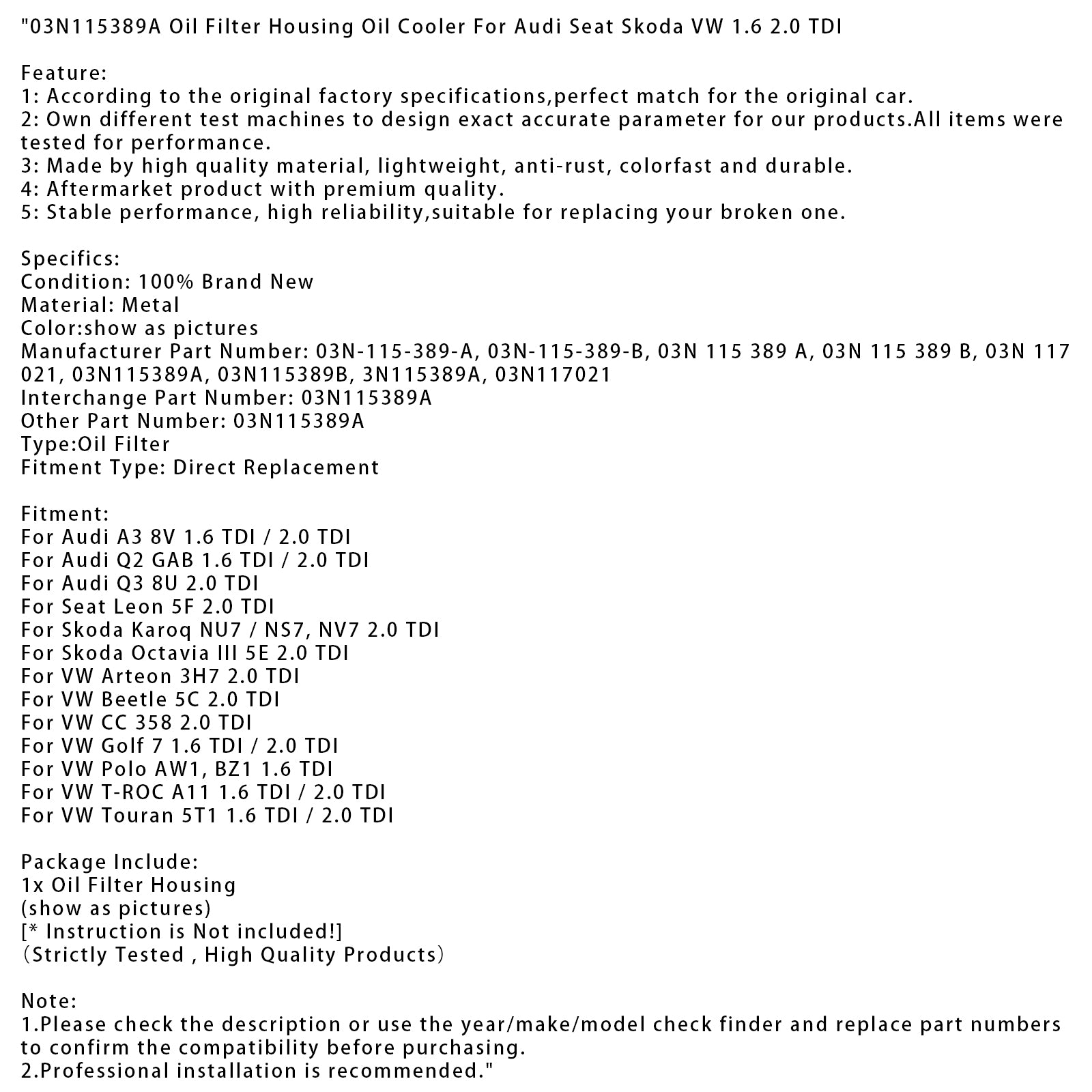 Seat Leon 5F 2.0 TDI Oil Filter Housing Oil Cooler 03N115389A