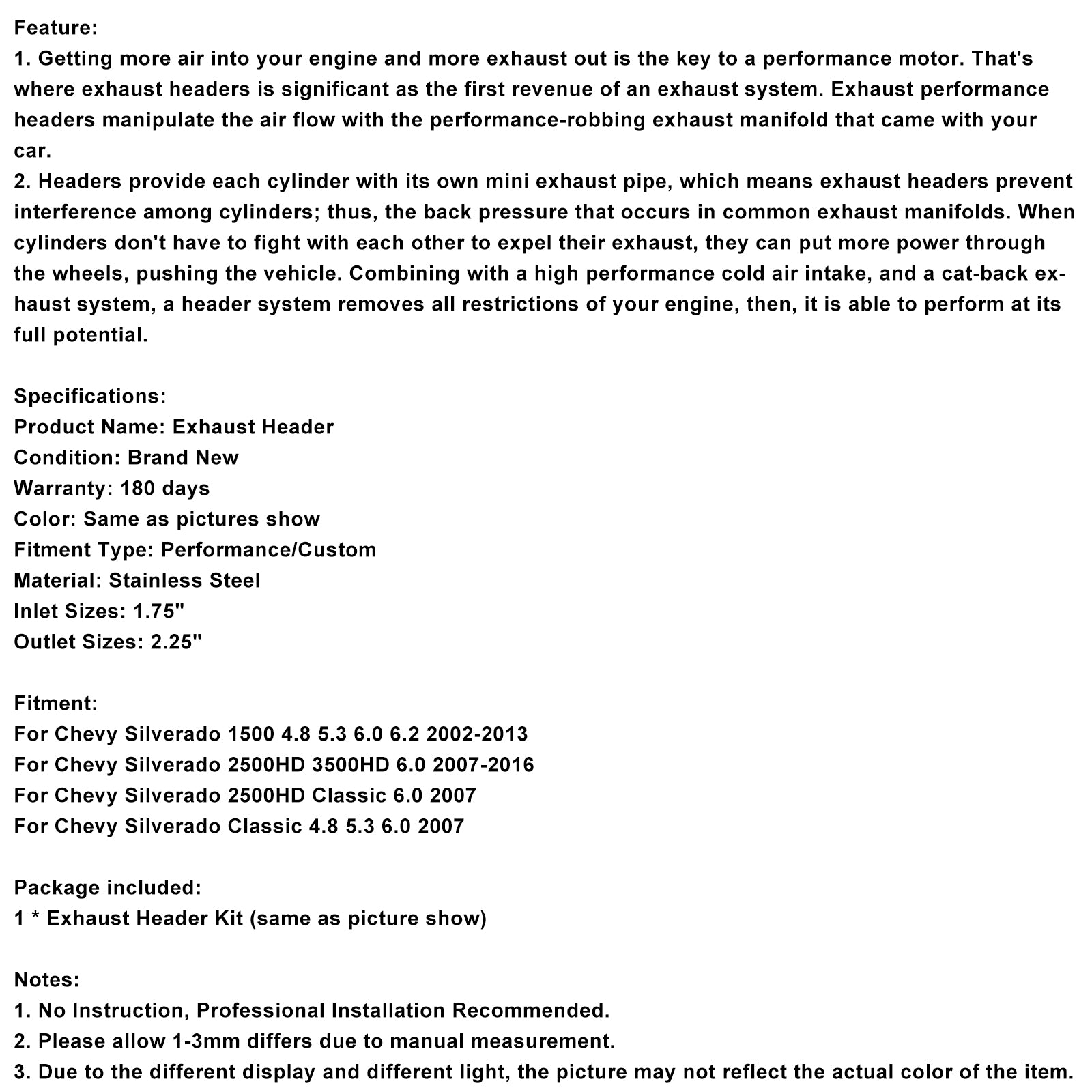 Exhaust Manifold Header Fit GMC Silverado 1500 2500 3500 4.8 5.3 6.0L 2002-2013