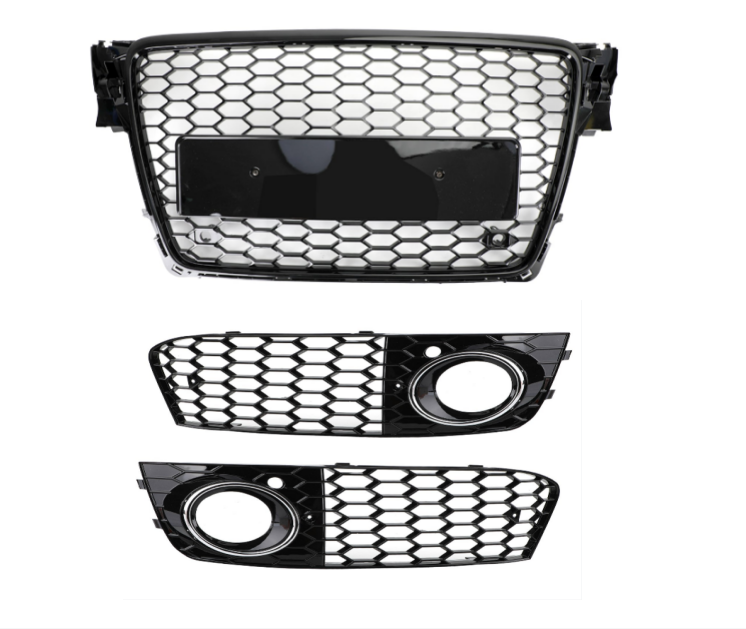 2009–2012 Audi A4 B8 RS4-stil honeycomb-sportsgrill med sekskantet netting & Blank svart bikakemasket tåkelys med åpen ventilgrill