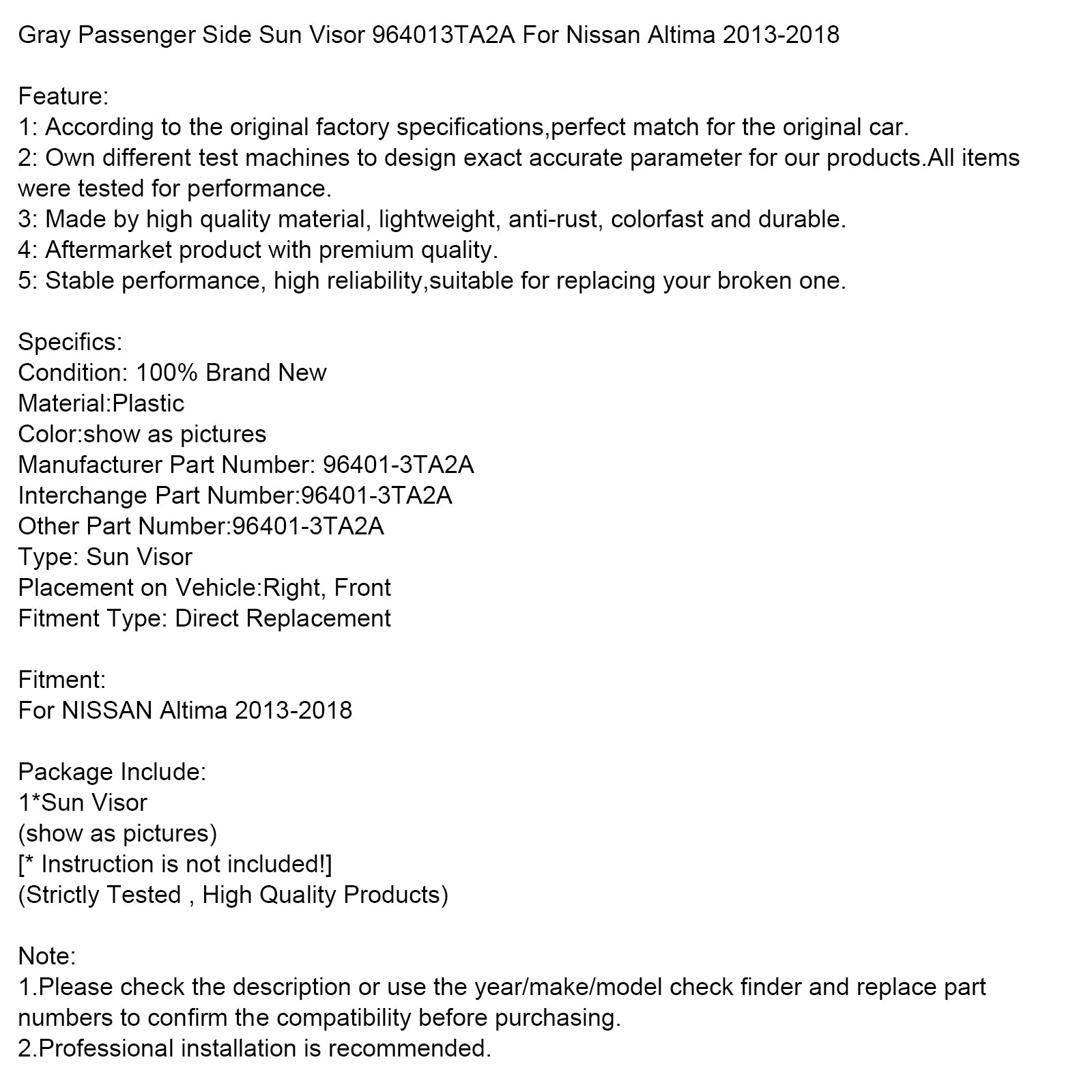Visera solar gris para Nissan Altima 2013-2018, lado derecho, 964003TA2A