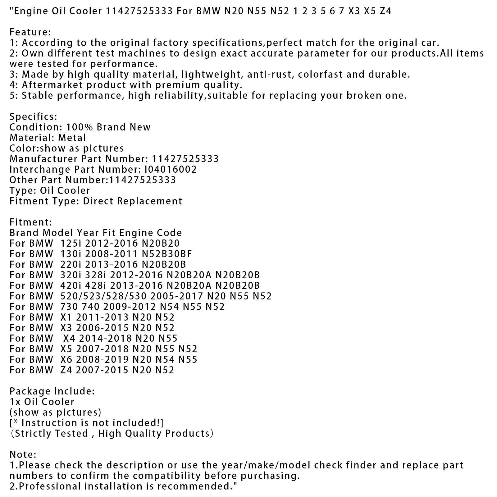 Motoroliekoeler 11427525333 Voor BMW N20 N55 N52 1 2 3 5 6 7X3X5 Z4