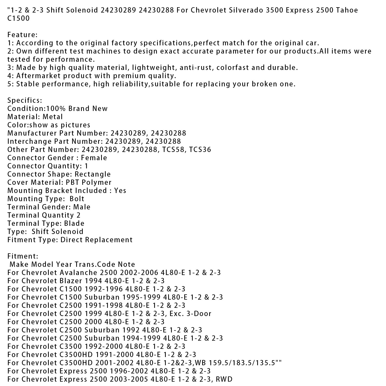 1-2 & 2-3 Shift Solenoid 24230289 24230288 For Chevrolet Silverado 3500