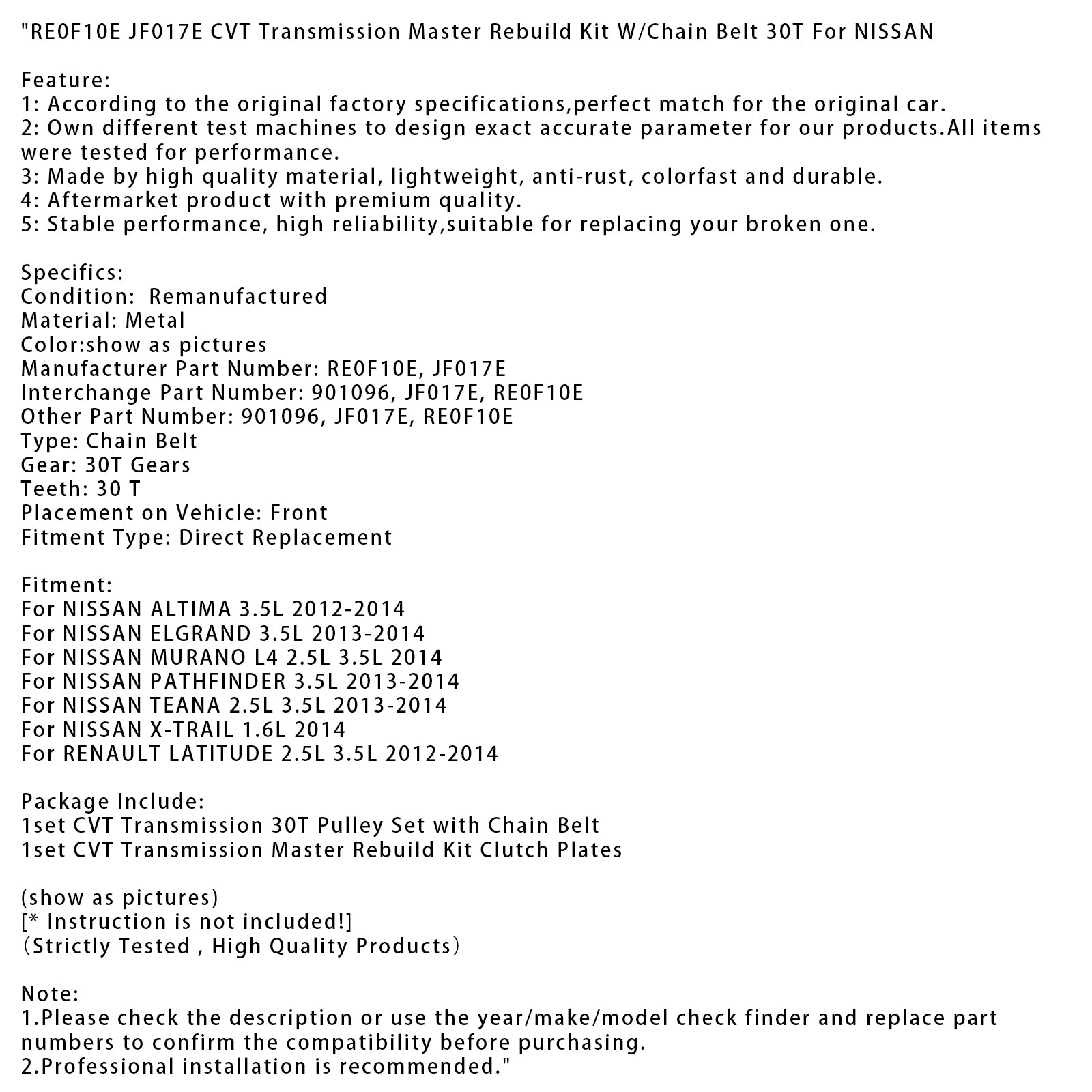 RE0F10E JF017E CVT TRANSMISSION MASTER MASTER Kit avec courroie de chaîne 30T pour Nissan