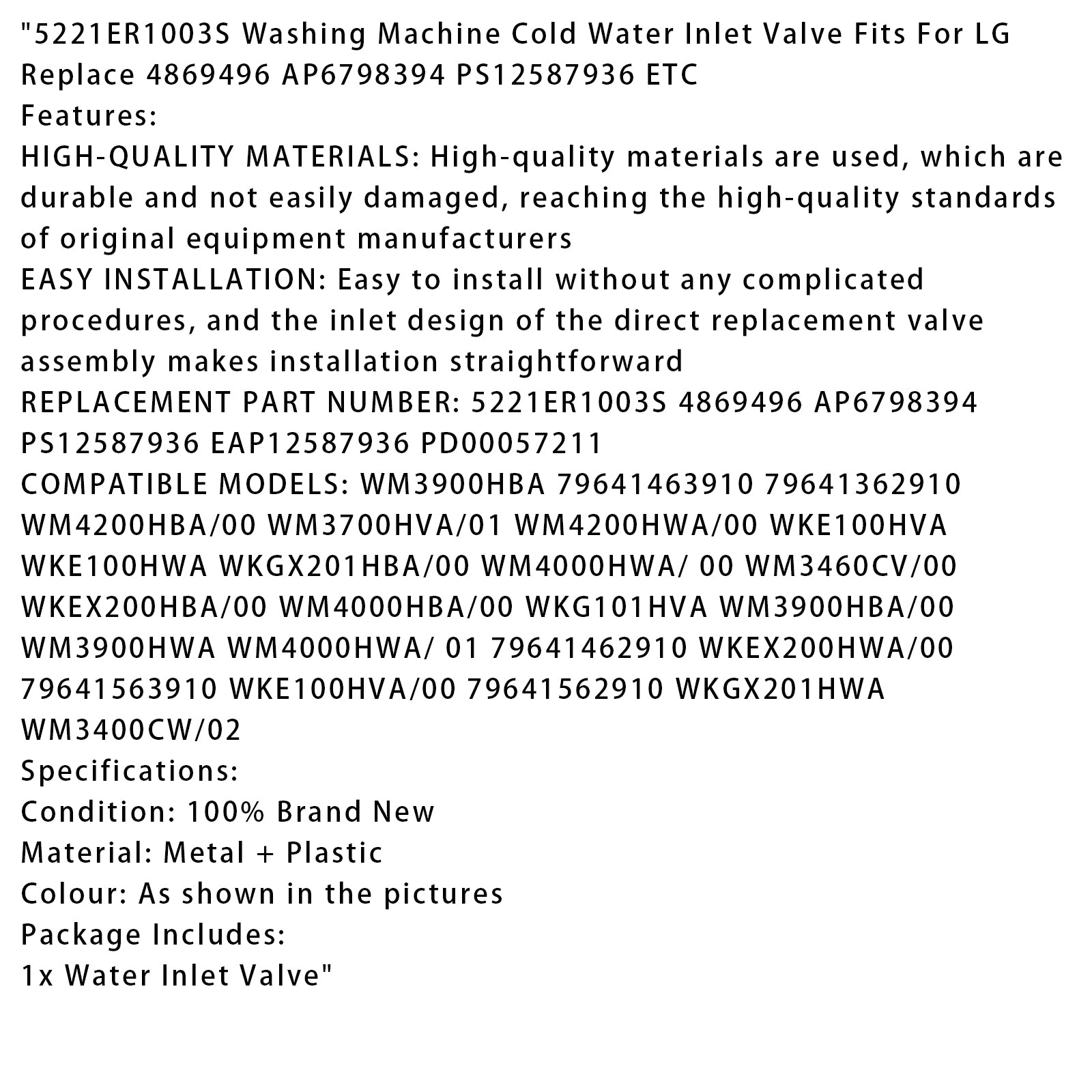 5221er1003s Machine à laver Valve d'entrée d'eau froide pour LG 4869496 AP6798394