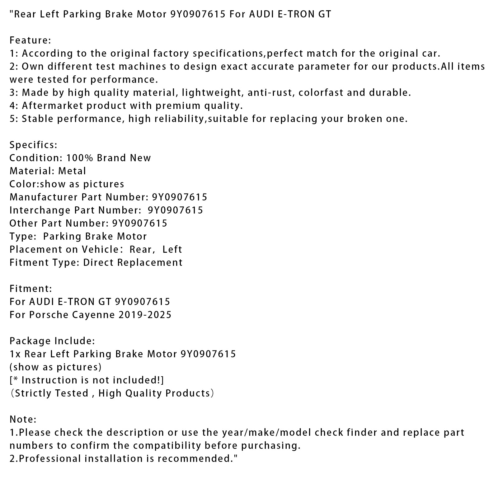 2019-2025 Porsche Cayenne bakre vänster parkeringsbromsmotor 9Y0907615