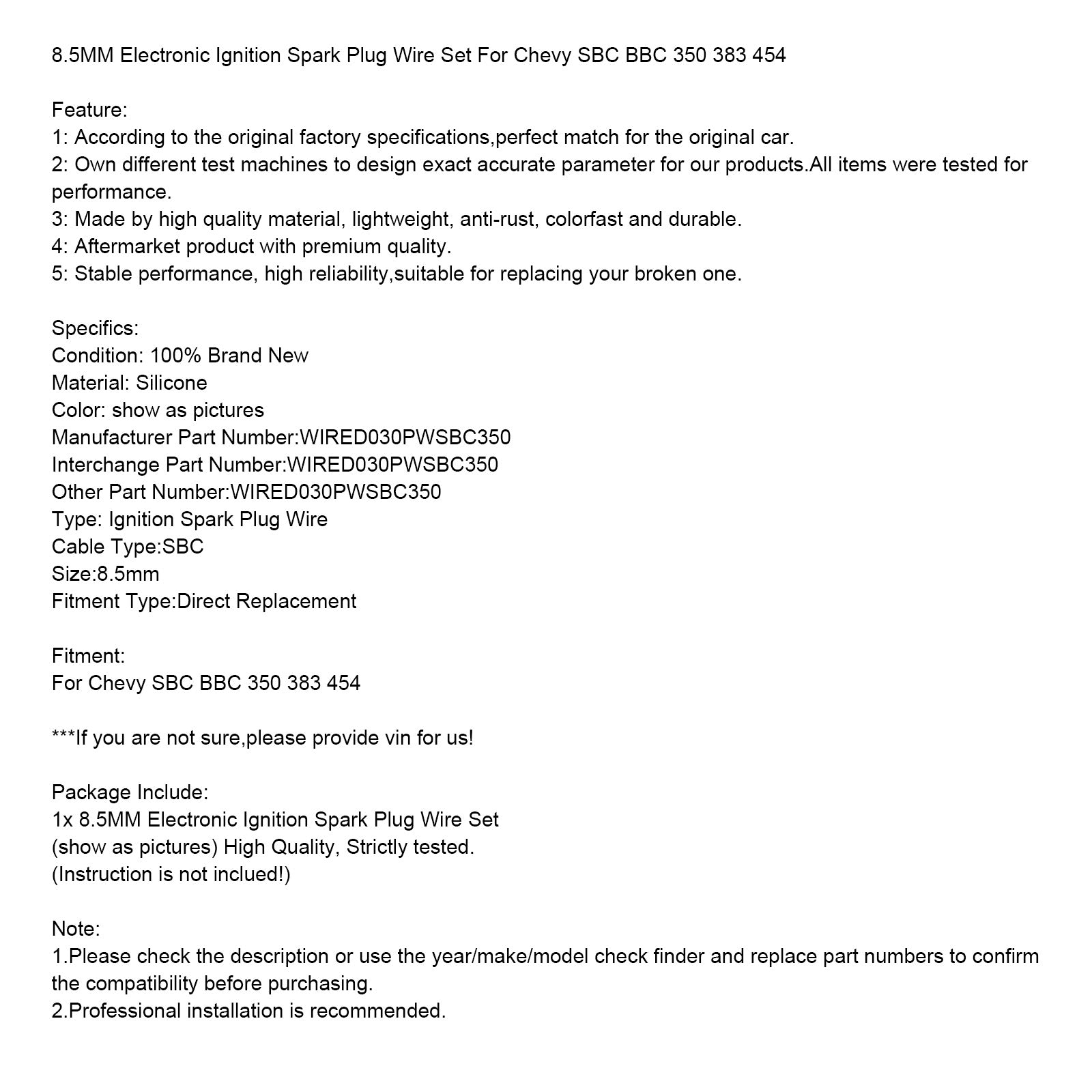 8,5 mm elektronická zapaľovacia zapaľovacia sviečka Sada pre Chevy SBC BBC 350 383 454