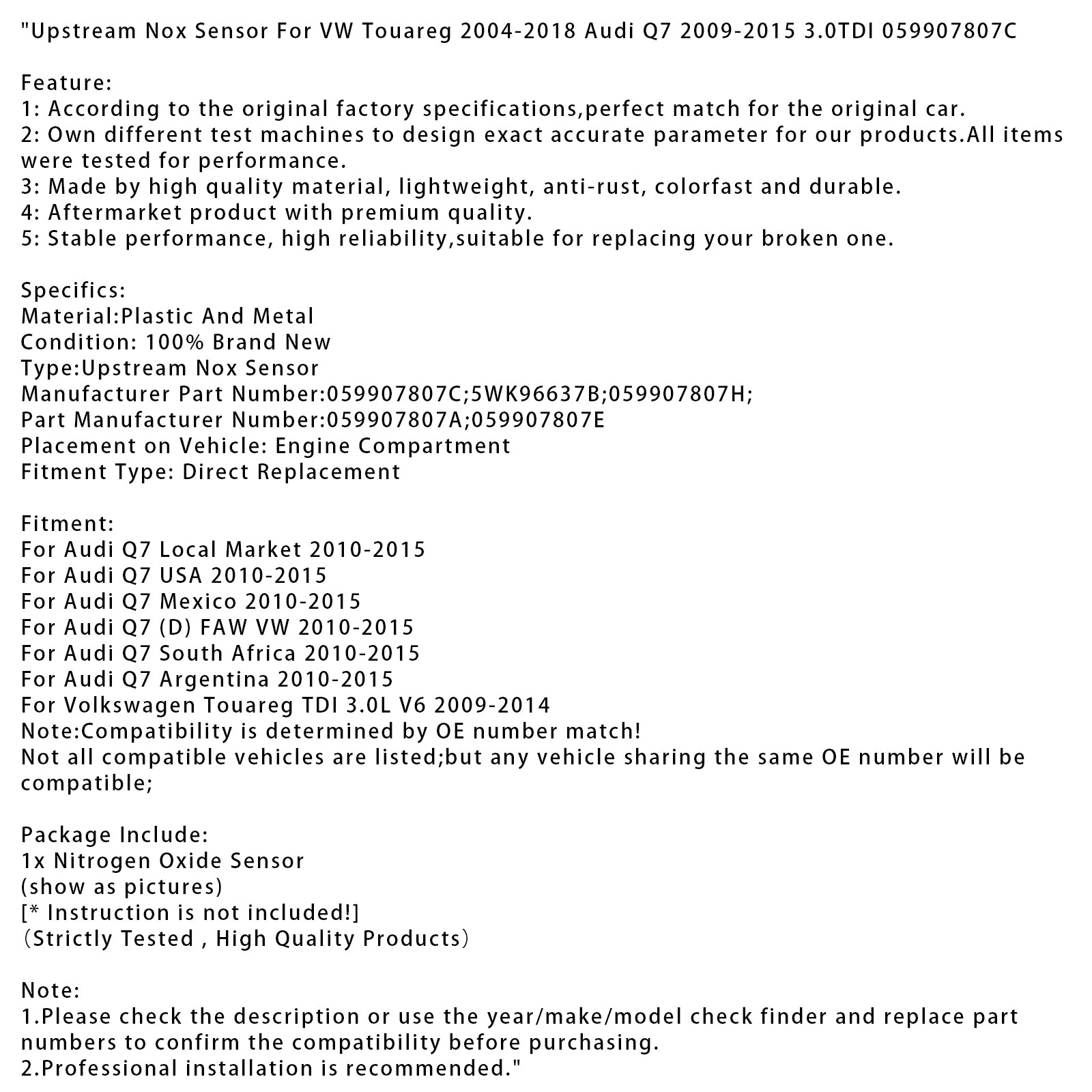 Upstream Nox Sensor For VW Touareg 2004-2018 Audi Q7 2009-2015 3.0TDI 059907807C