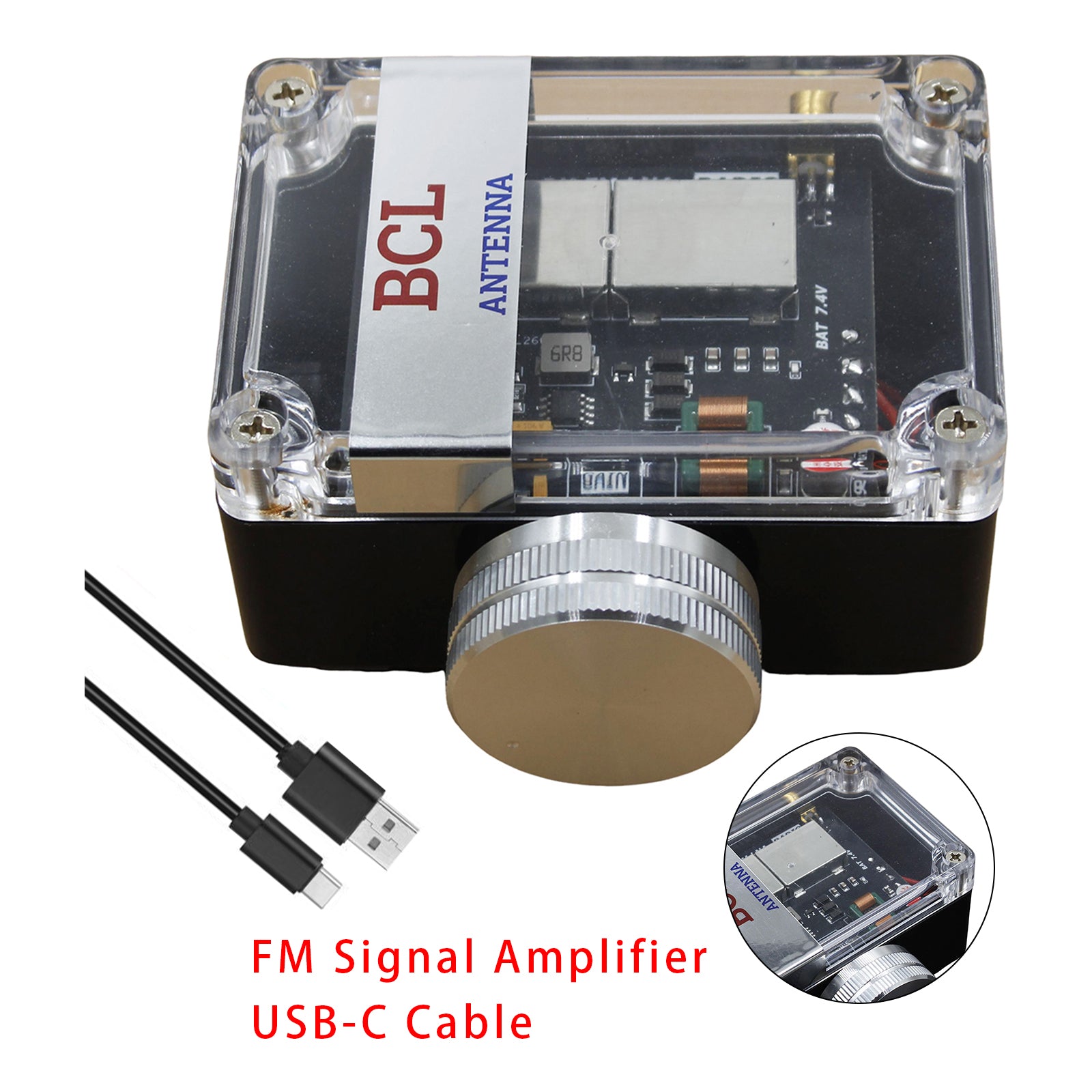 FM Signal Booster Adjustable Gain 88-108MHz with USB-C Rechargeable Battery