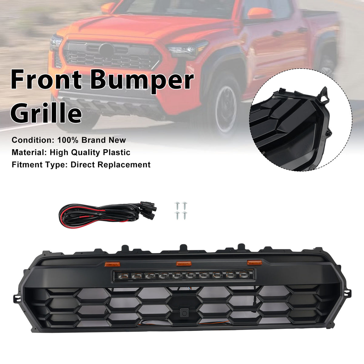 2024+ Toyota Tacoma svart främre stötfångargrill med LED & Ljusramp