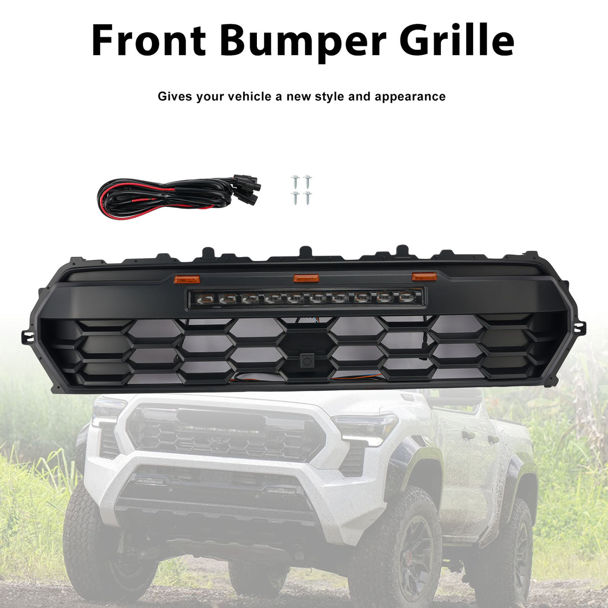 2024+ Toyota Tacoma svart främre stötfångargrill med LED & Ljusramp