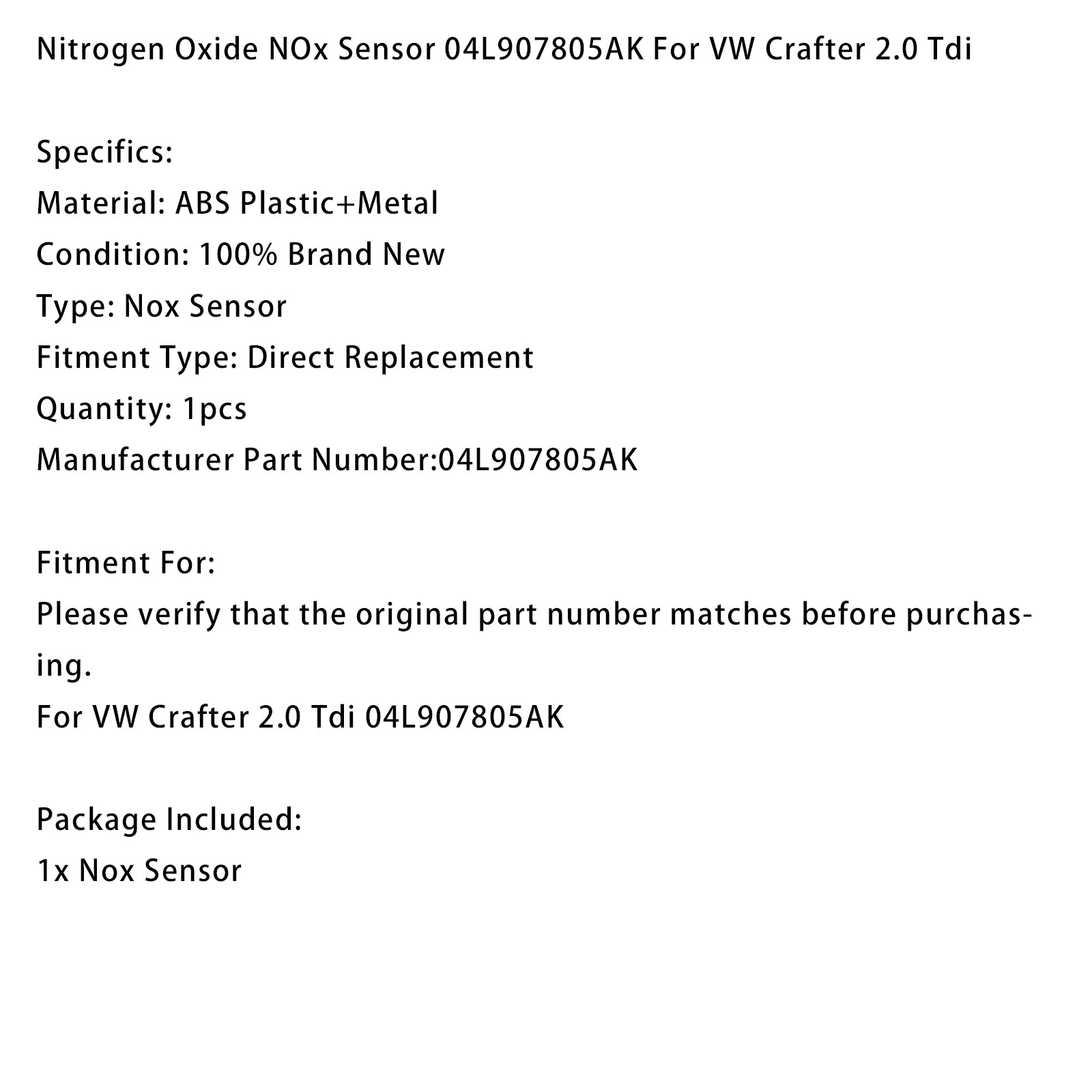 Nitrogen Oxide NOx Sensor 04L907805AK For VW Crafter 2.0 Tdi