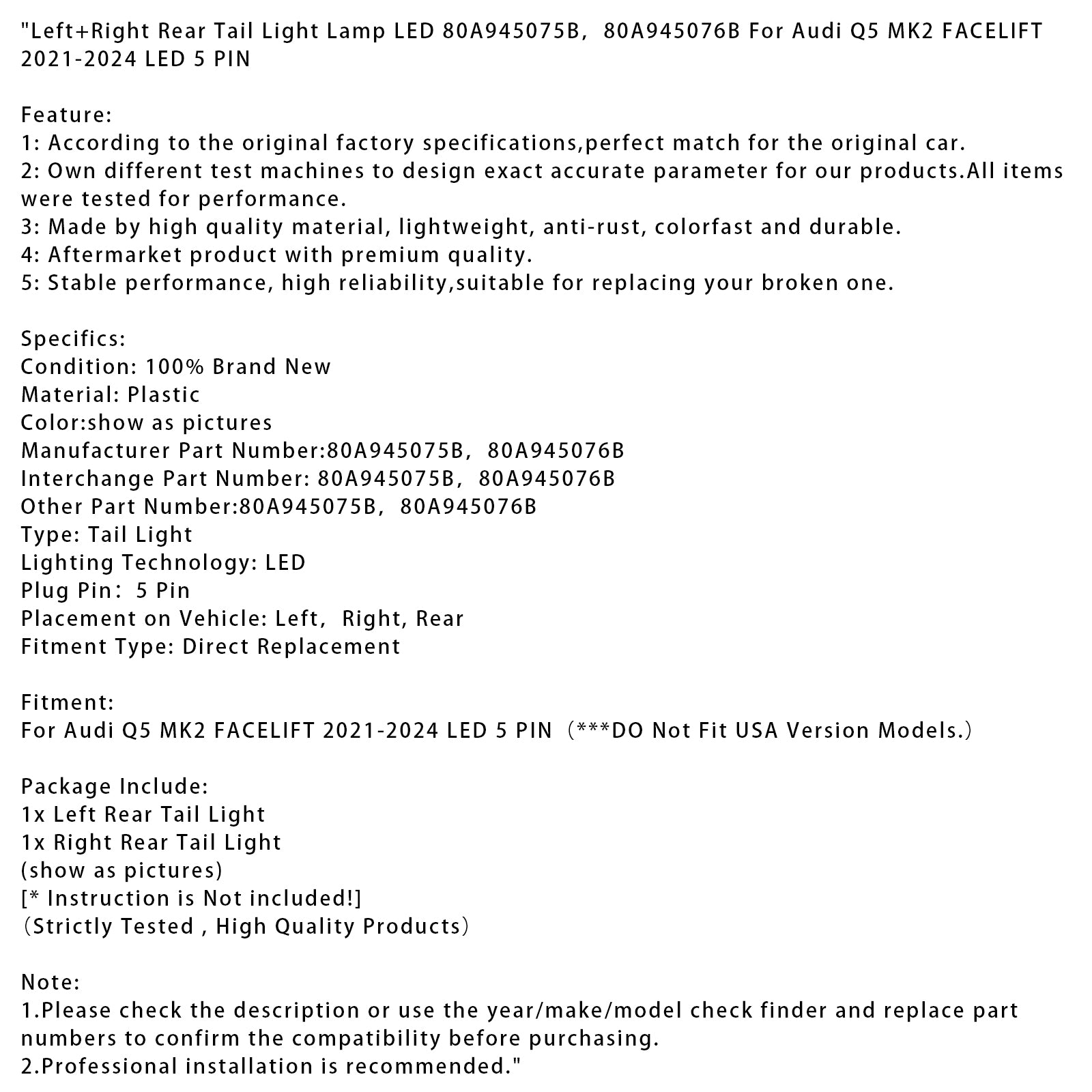 Left+Right Rear Tail Light Lamp LED For Audi Q5 MK2 FACELIFT 2021-2024 LED 5 PIN