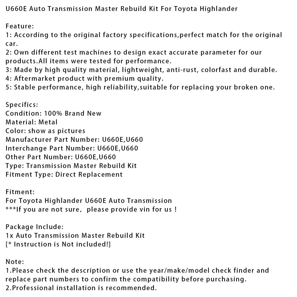 Toyota Highlander U660E Auto Transmission Auto Transmission Master Rebuild Kit Generic