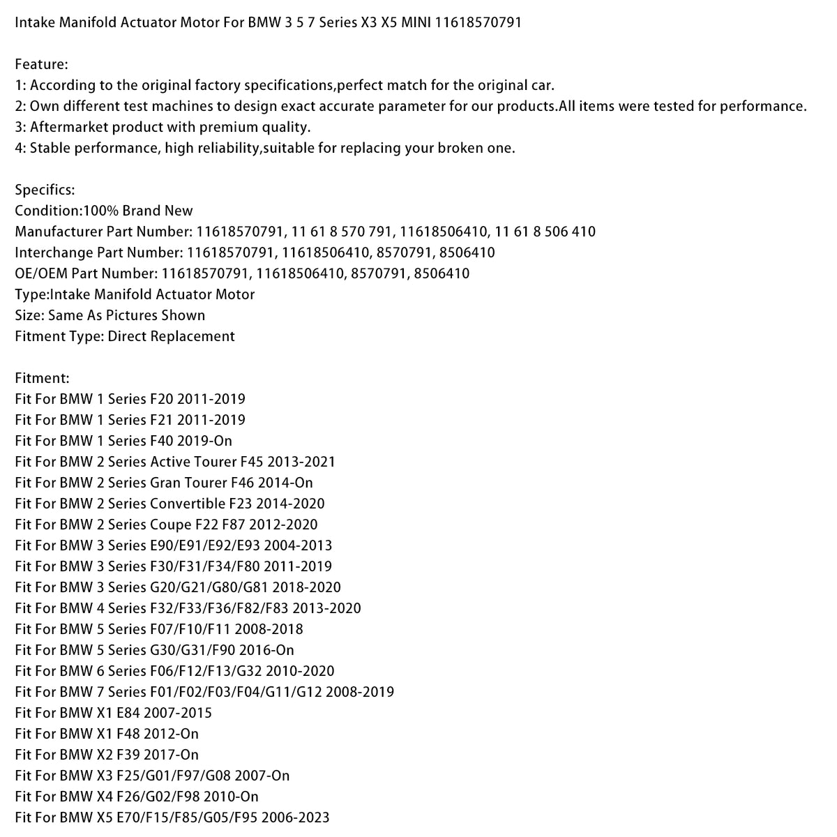 2004-2013 BMW 3 Series E90/E91/E92/E93 Intake Manifold Actuator Motor 11618570791 8506410 Generic