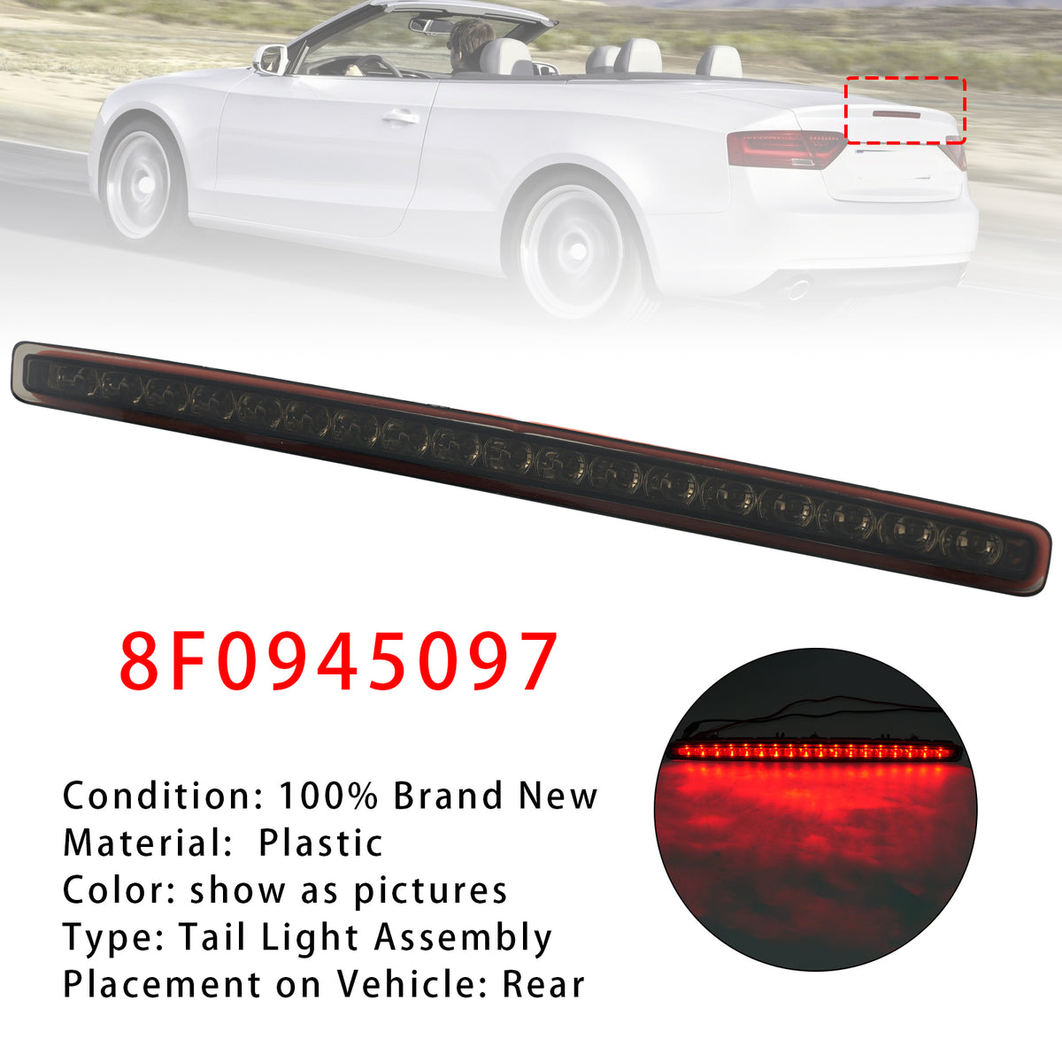 2009-2016 Audi A5 Cabriolet Rear Third 3Rd Brake Lamp Light Black 8F0945097 Generic