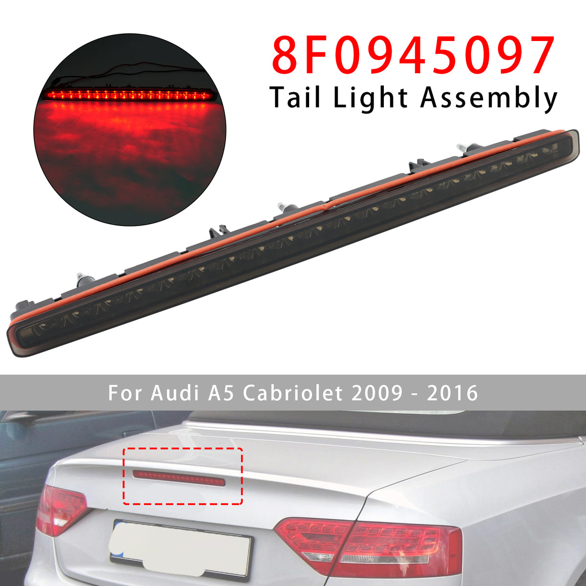 2009-2016 Audi A5 Cabriolet Rear Third 3Rd Brake Lamp Light Black 8F0945097 Generic