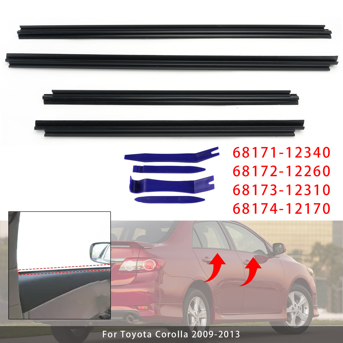 2009-2013 Toyota Corolla 4Pcs Inner Door Window Glass Weatherstrip 68173-12310 68171-12340 Generic