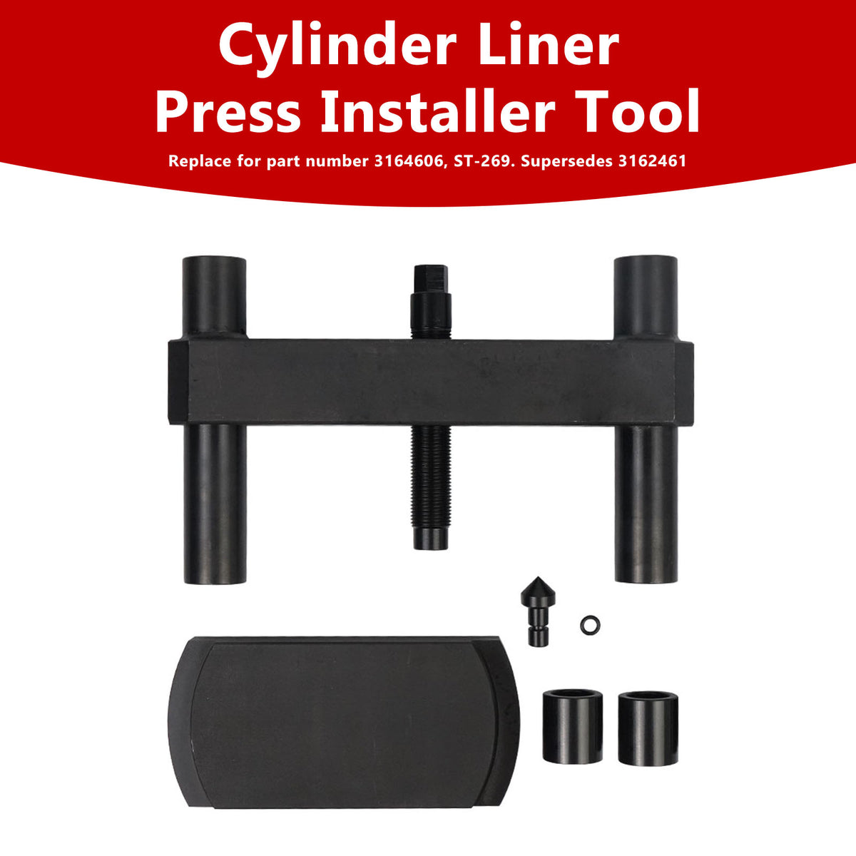 Cummins ISX, X15 Liner Press works on flat-top and grooved-top liners. Cylinder Liner Press Installer Tool 3162461 ST-269 Generic