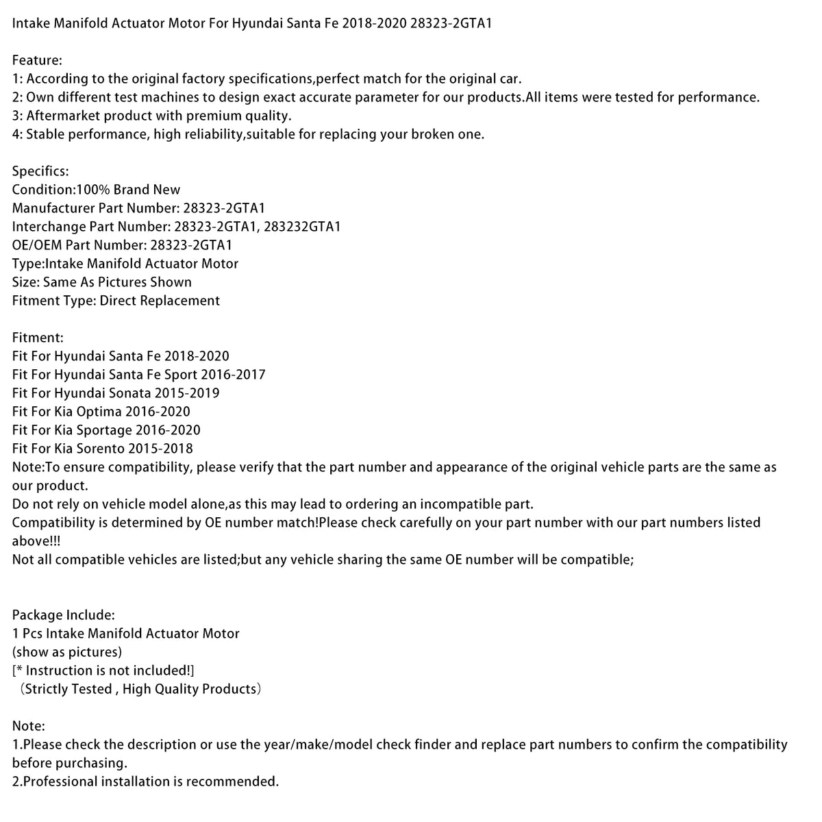 2016-2017 Hyundai Santa Fe Sport Intake Manifold Actuator Motor 28323-2GTA1 Generic