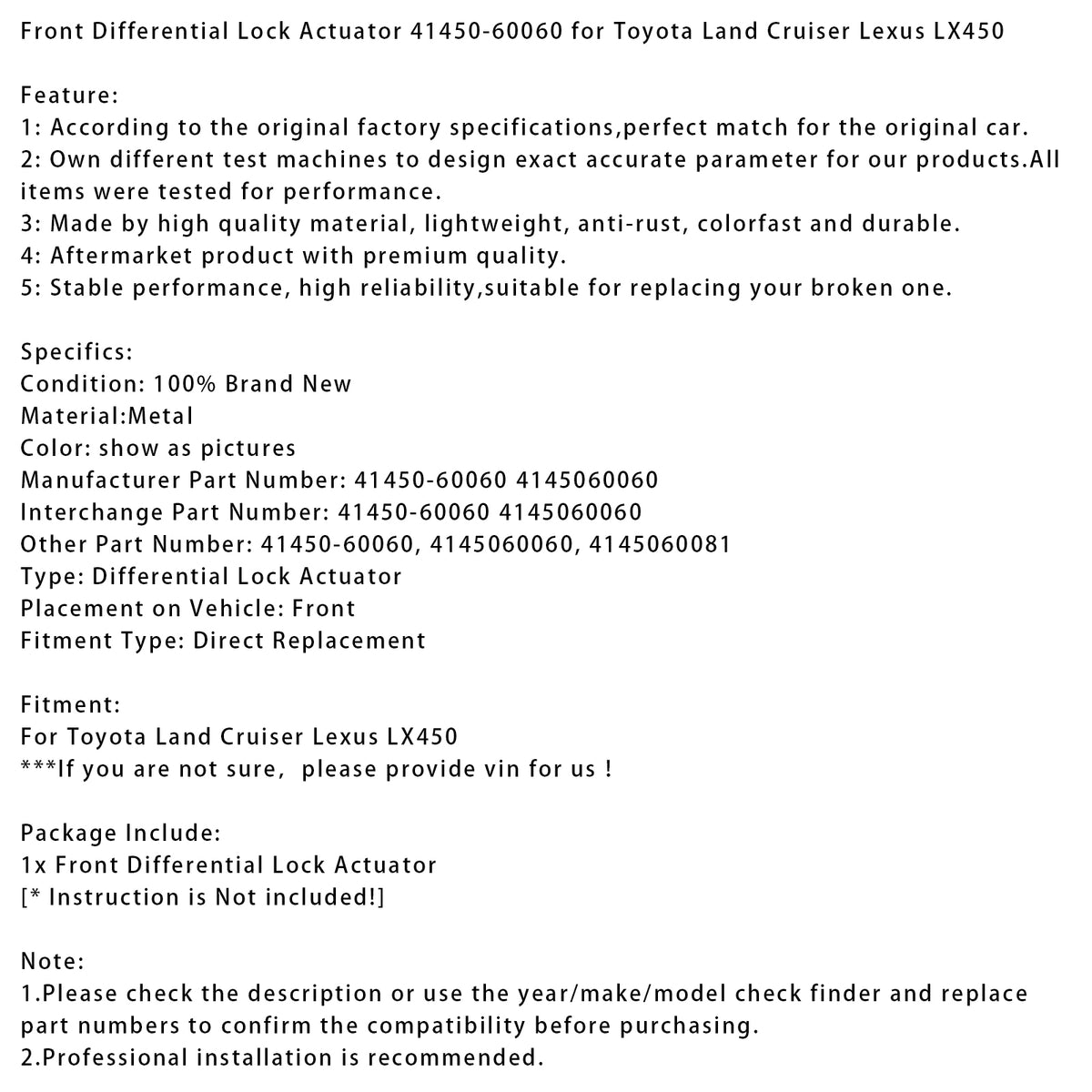 Toyota Land Cruiser Lexus LX450 Front Differential Lock Actuator 41450-60060 4145060081 Generic