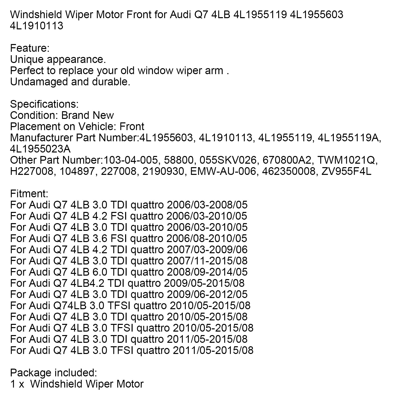Frente do motor do limpador de pára -brisa para Audi Q7 4LB 4L1955119 4L195603 4L1910113