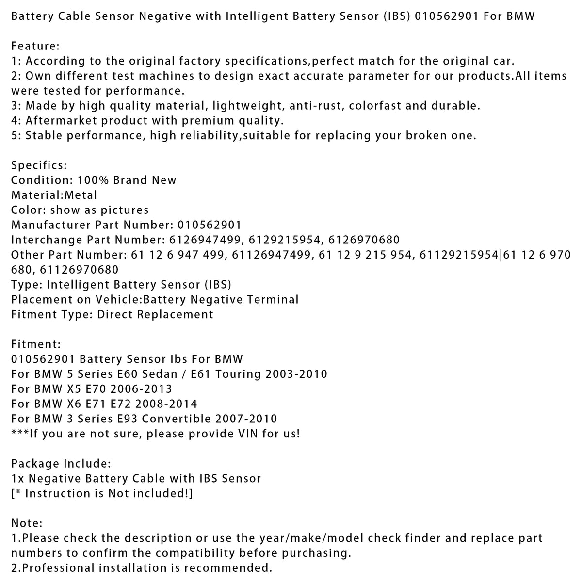 2006-2013 BMW X5 E70 Battery Cable Sensor Negative with Intelligent Battery Sensor 010562901 6126947499 Generic