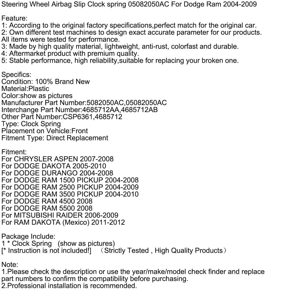 2004-2008 DODGE DURANGO Steering Wheel Airbag Slip Clock spring 5082050AC 05082050AC Generic