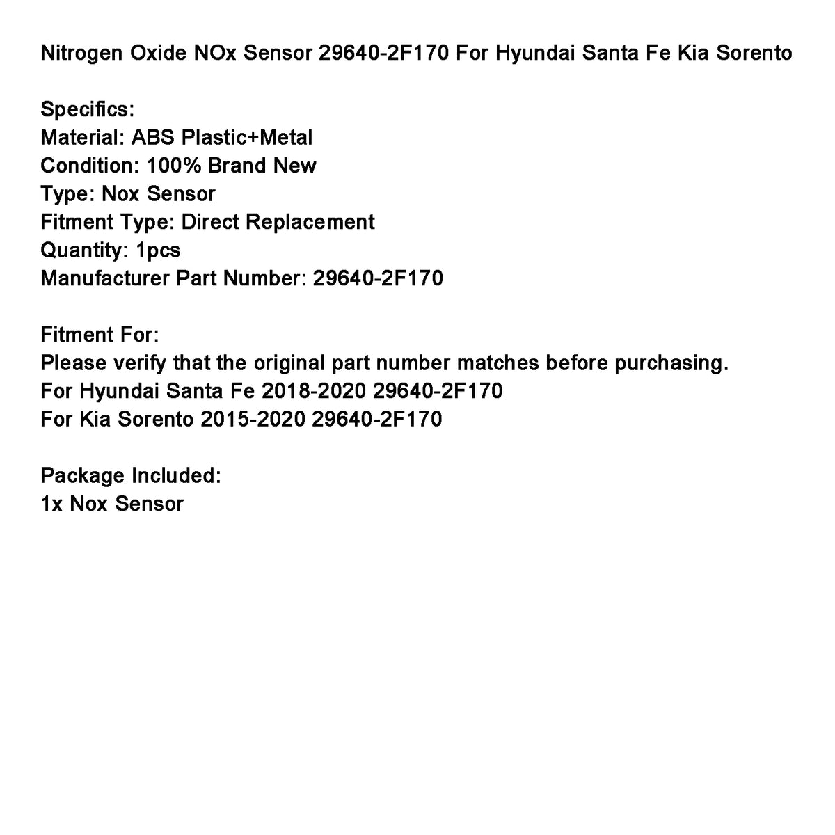 2018-2020 Hyundai Santa Fe 29640-2F170 Nitrogen NOx Sensor Generic