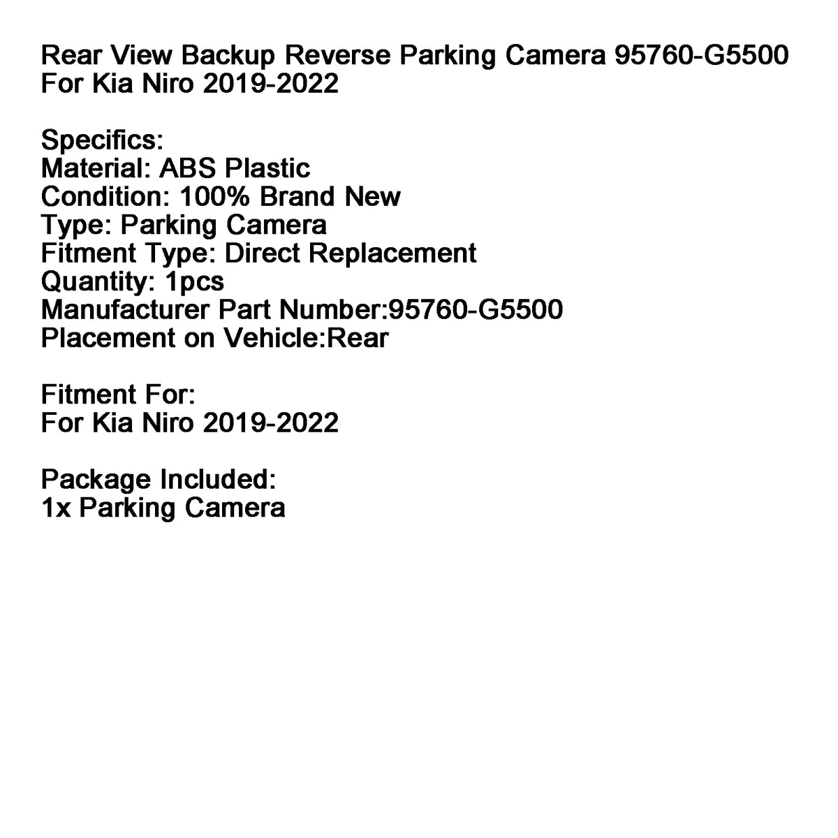 2019-2022 Kia Niro Rear View Backup Parking Camera 95760-G5500 Generic