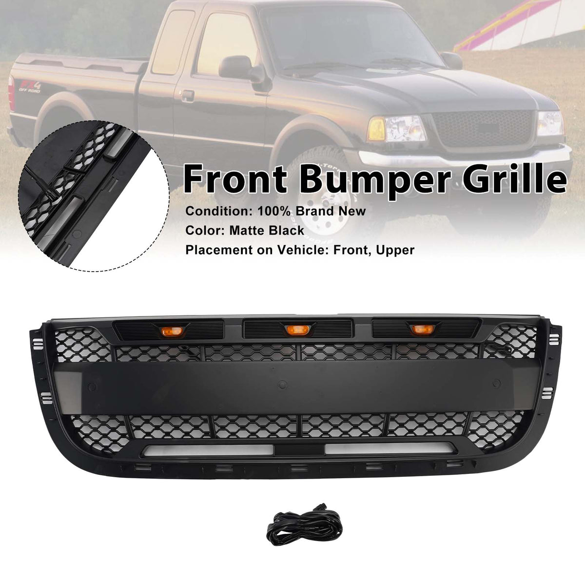 2001-2003 Ford Ranger With Led Light Matt Black Front Bumper Grill Grille Generic