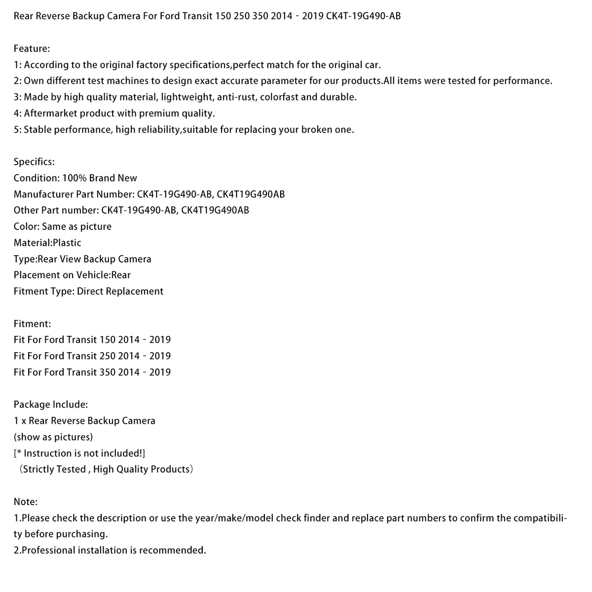 2014-2019 Ford Transit 150 Rear Reverse Backup Camera CK4T-19G490-AB CK4T19G490AB Generic