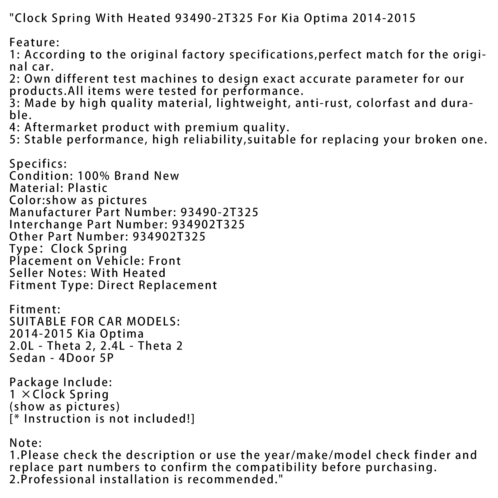 Primavera do relógio com aquecimento 93490-2T325 para Kia Optima 2014-2015