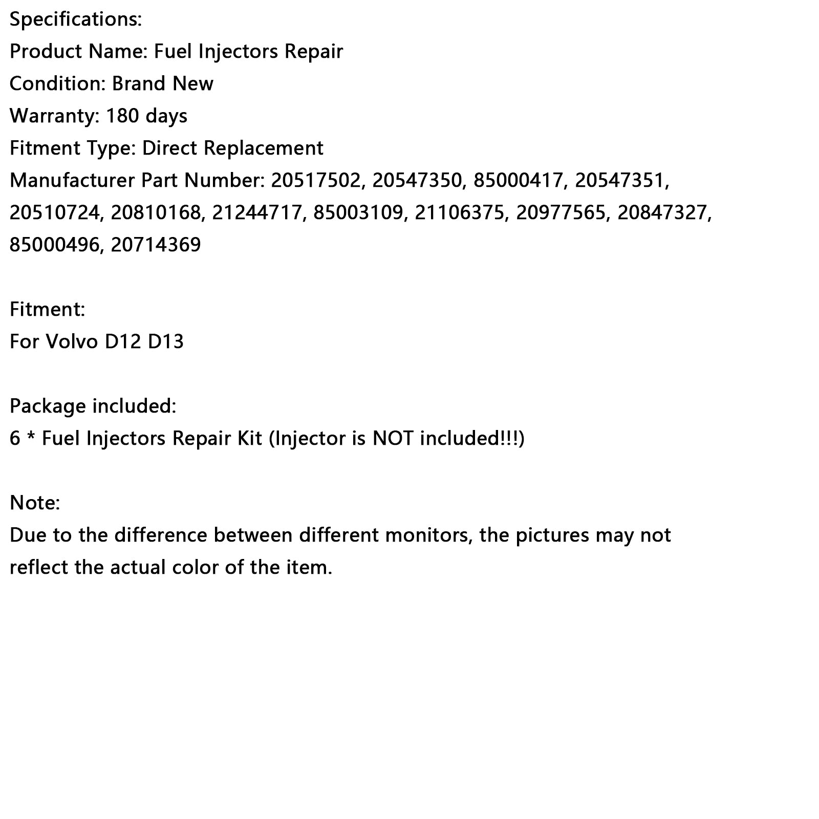 Volvo D12/D13 Kit externo de junta tórica de sellado de inyectores de combustible de 6 piezas 20517502